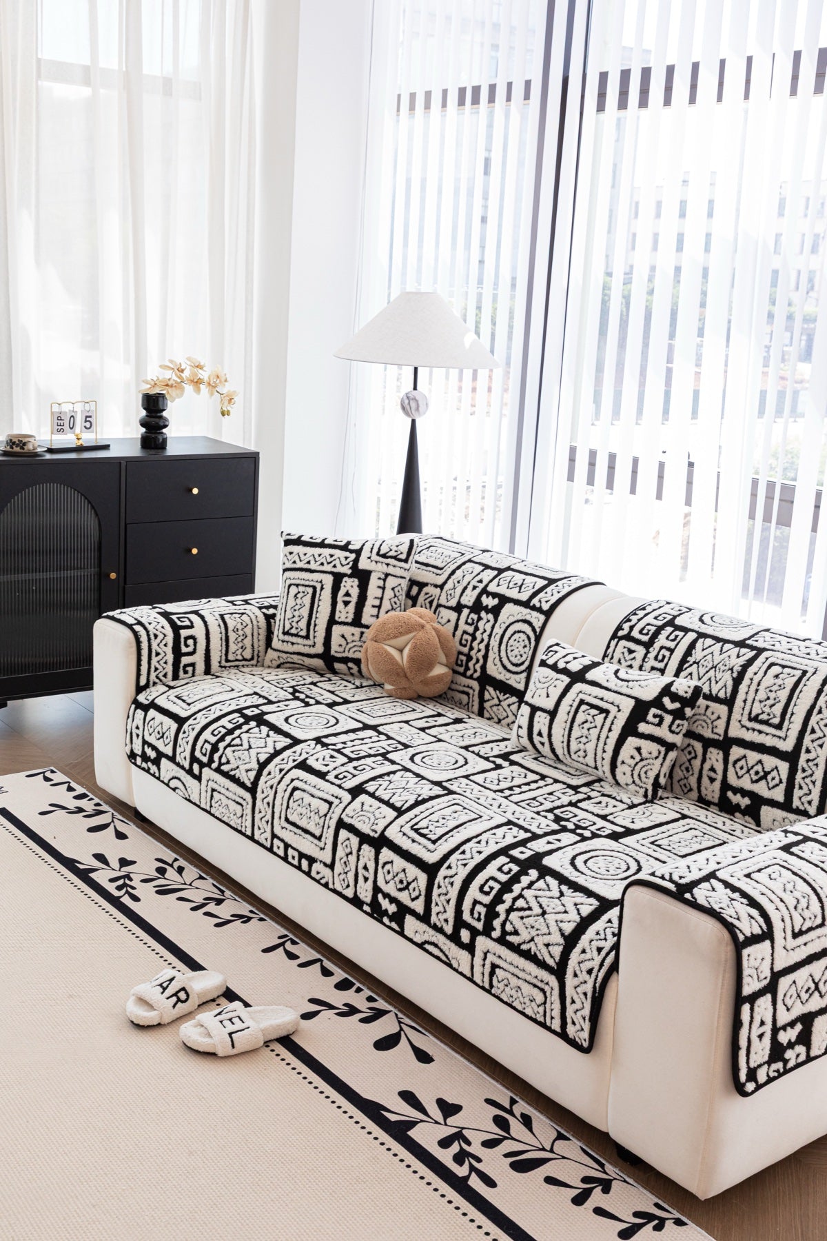 Decor Cedar Elara Geometric Plush Sofa Seat Cover in Black Ivory - detail image for geometric plush couch cover pieces in United States