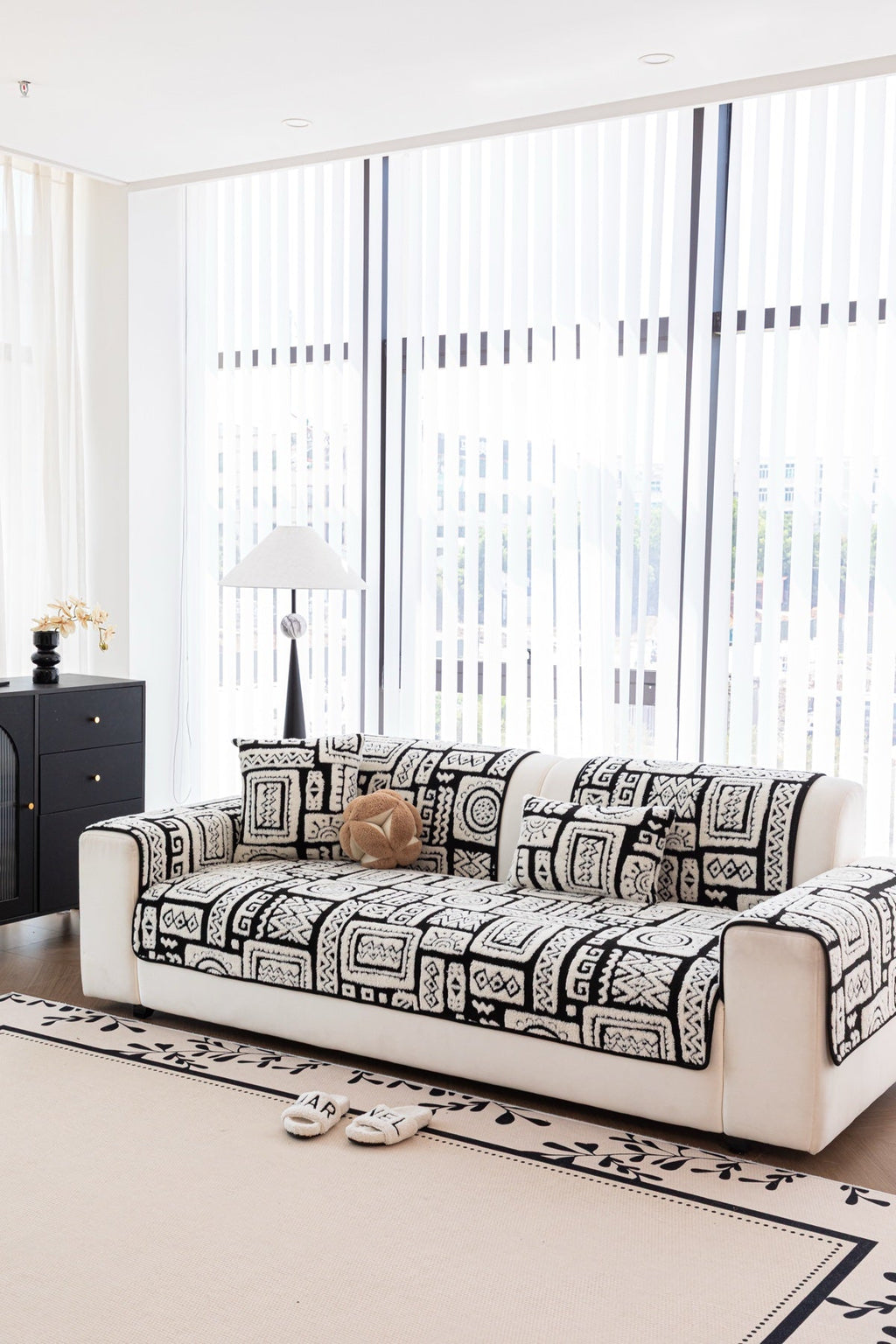 Decor Cedar Elara Geometric Plush Sofa Seat Cover in Black Ivory - detail image for geometric plush couch cover pieces in United States