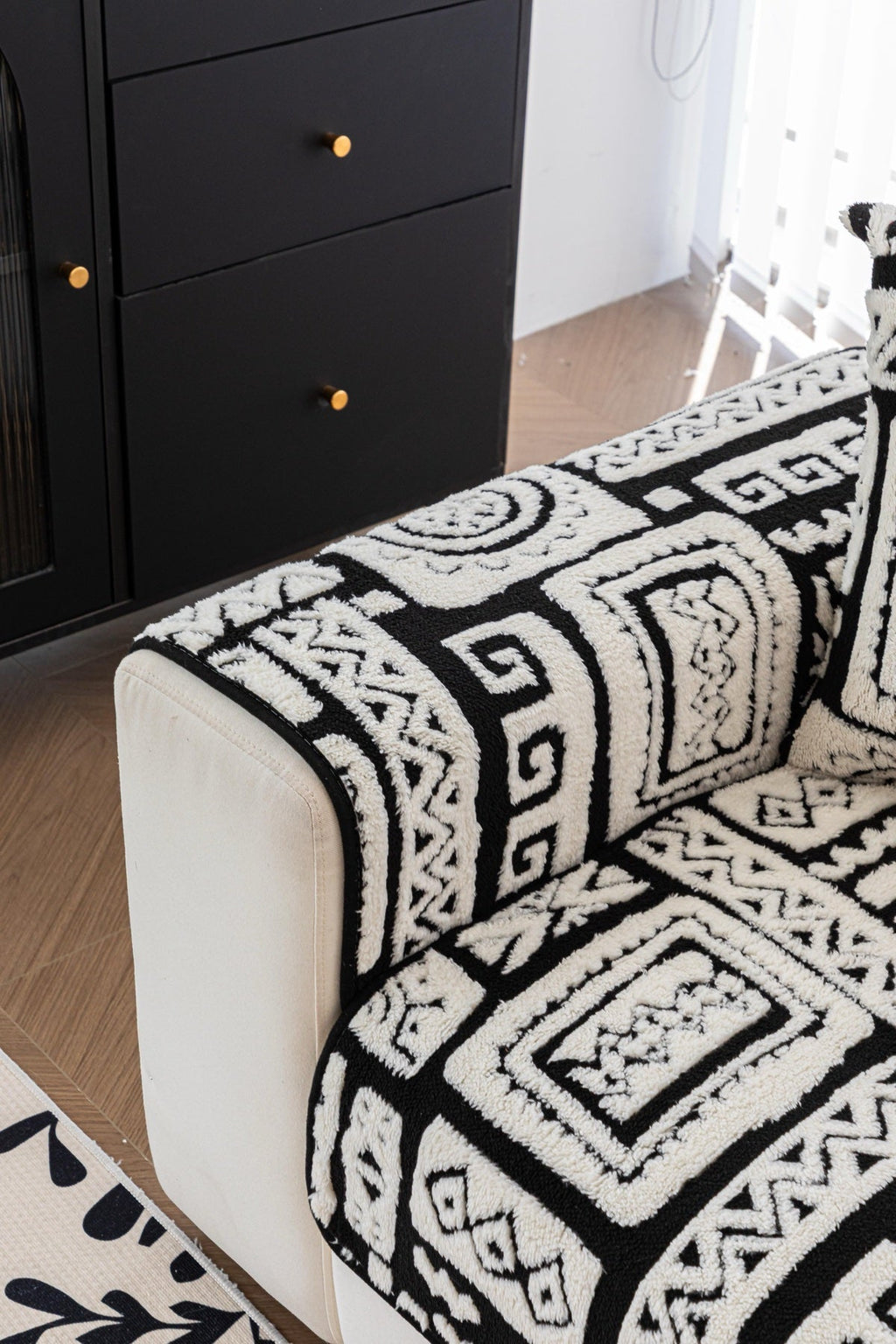 Decor Cedar Elara Geometric Plush Sofa Seat Cover in Black Ivory - detail image for geometric plush couch cover pieces in United States