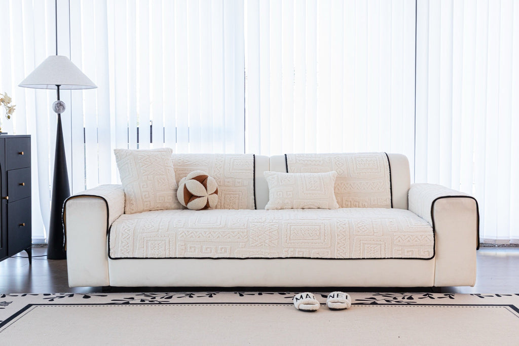Decor Cedar Elara Geometric Plush Sofa Seat Cover in Ivory Cream - lifestyle image for geometric plush couch cover pieces in United States