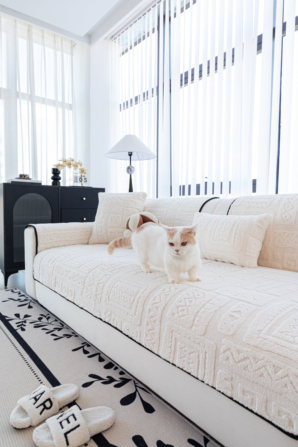 Decor Cedar Elara Geometric Plush Sofa Seat Cover in Ivory Cream - detail image for geometric plush couch cover pieces in United States