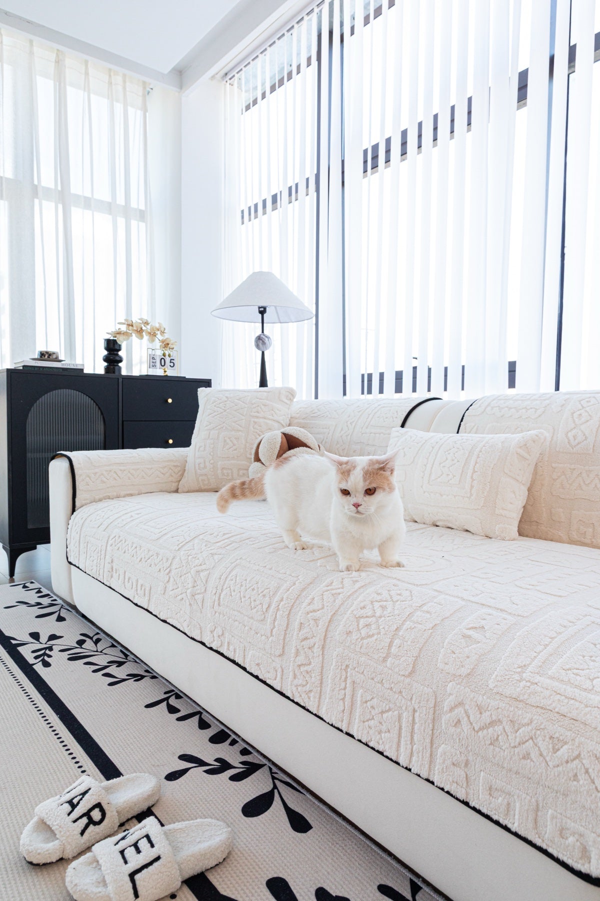 Decor Cedar Elara Geometric Plush Sofa Seat Cover in Ivory Cream - detail image for geometric plush couch cover pieces in United States