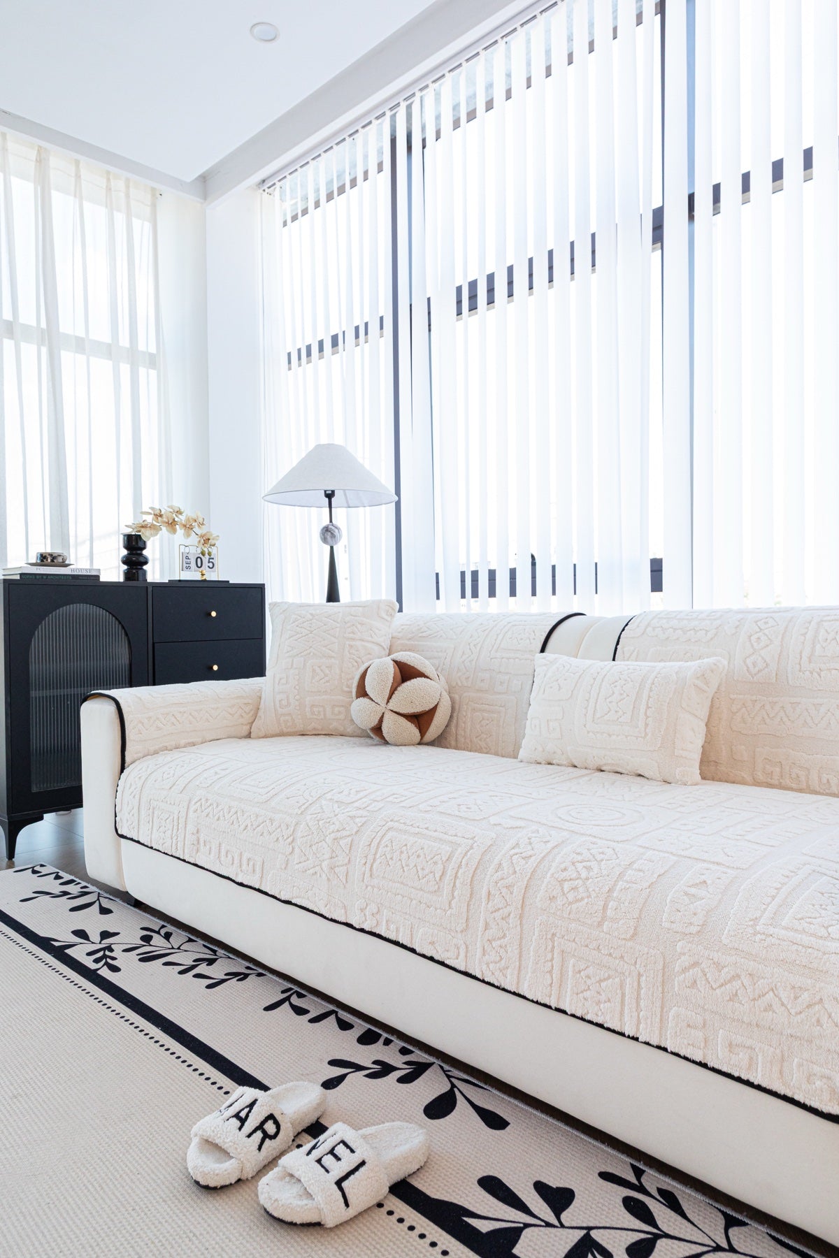 Decor Cedar Elara Geometric Plush Sofa Seat Cover in Ivory Cream - detail image for geometric plush couch cover pieces in United States