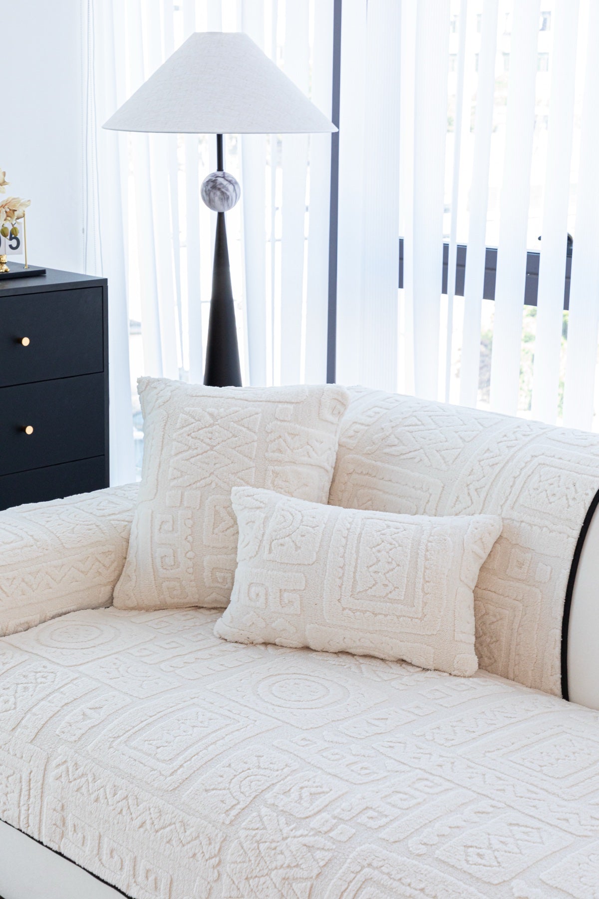 Decor Cedar Elara Geometric Plush Sofa Seat Cover in Ivory Cream - detail image for geometric plush couch cover pieces in United States