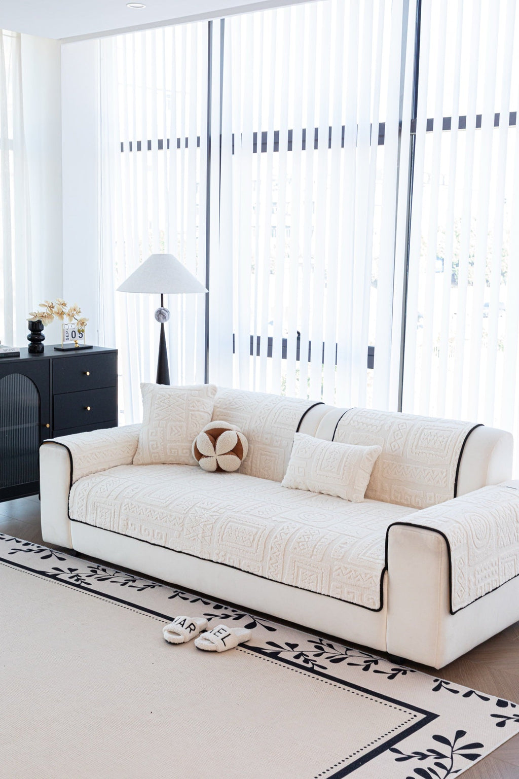 Decor Cedar Elara Geometric Plush Sofa Seat Cover in Ivory Cream - detail image for geometric plush couch cover pieces in United States