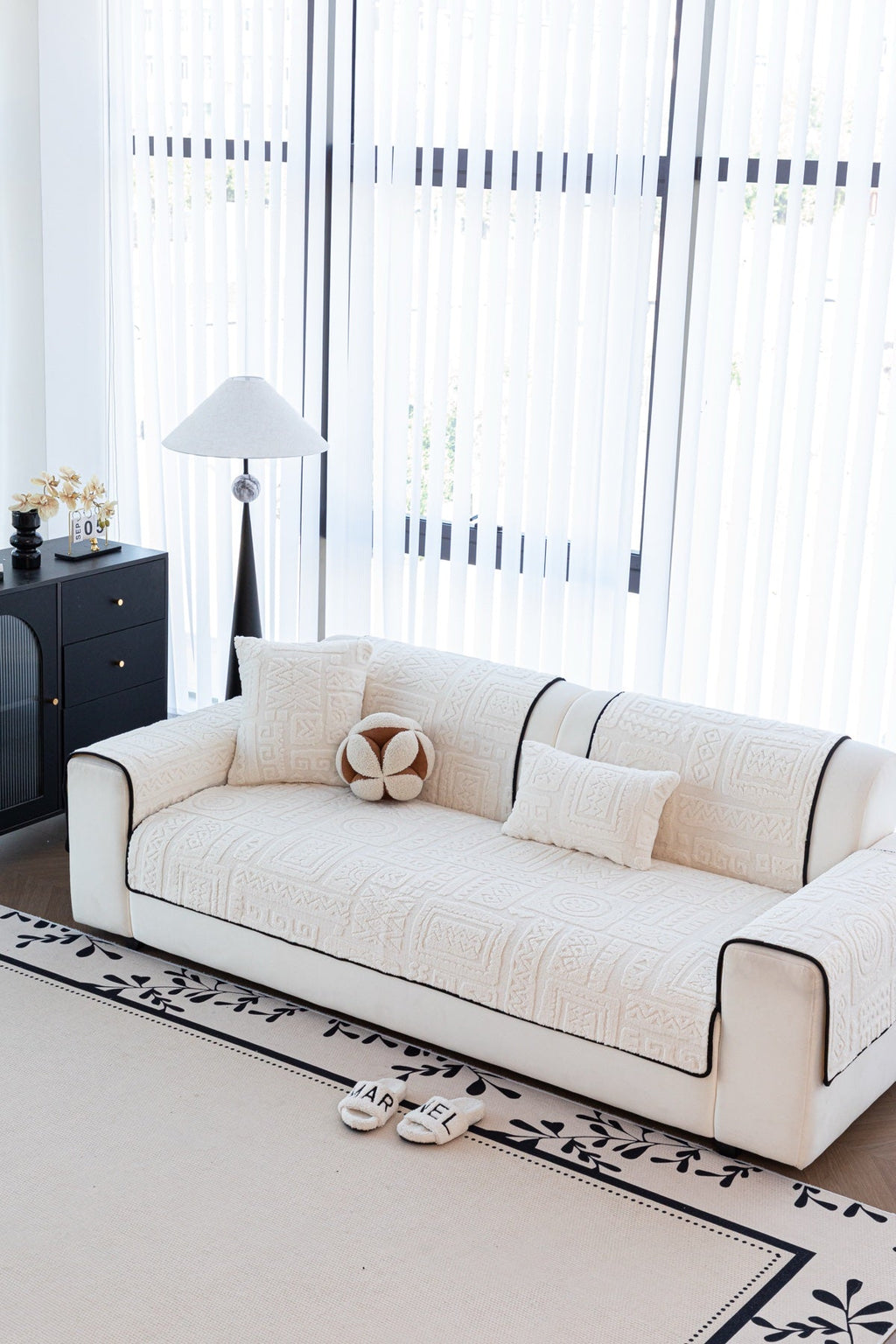 Decor Cedar Elara Geometric Plush Sofa Seat Cover in Ivory Cream - detail image for geometric plush couch cover pieces in United States