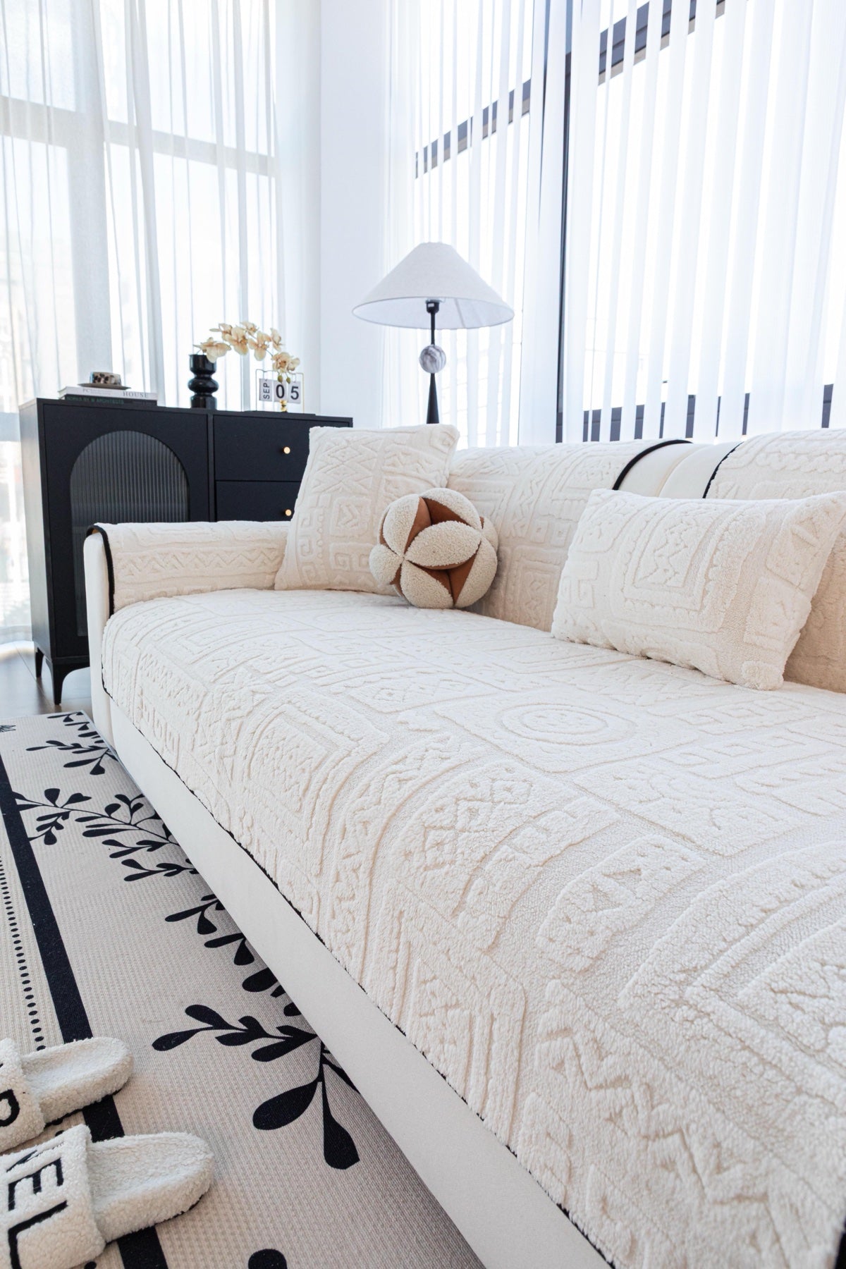 Decor Cedar Elara Geometric Plush Sofa Seat Cover in Ivory Cream - detail image for geometric plush couch cover pieces in United States