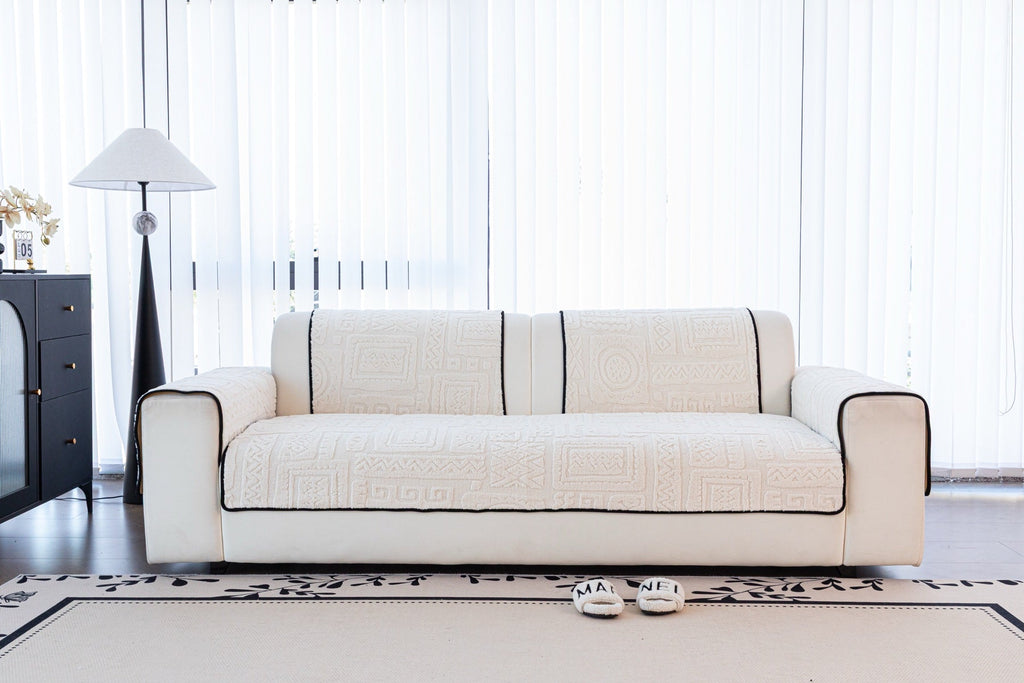 Decor Cedar Elara Geometric Plush Sofa Seat Cover in Ivory Cream - detail image for geometric plush couch cover pieces in United States