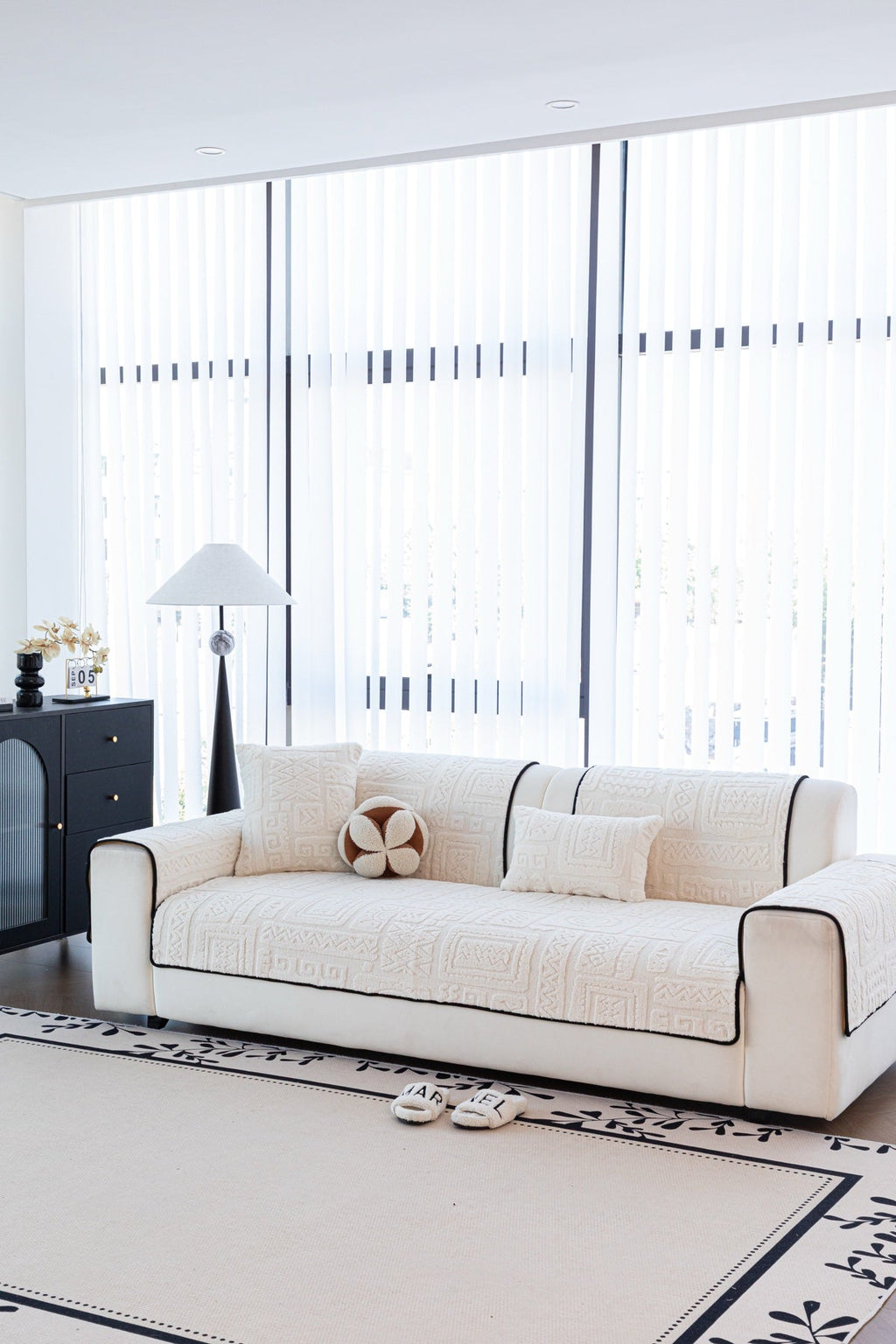 Decor Cedar Elara Geometric Plush Sofa Seat Cover in Ivory Cream - detail image for geometric plush couch cover pieces in United States