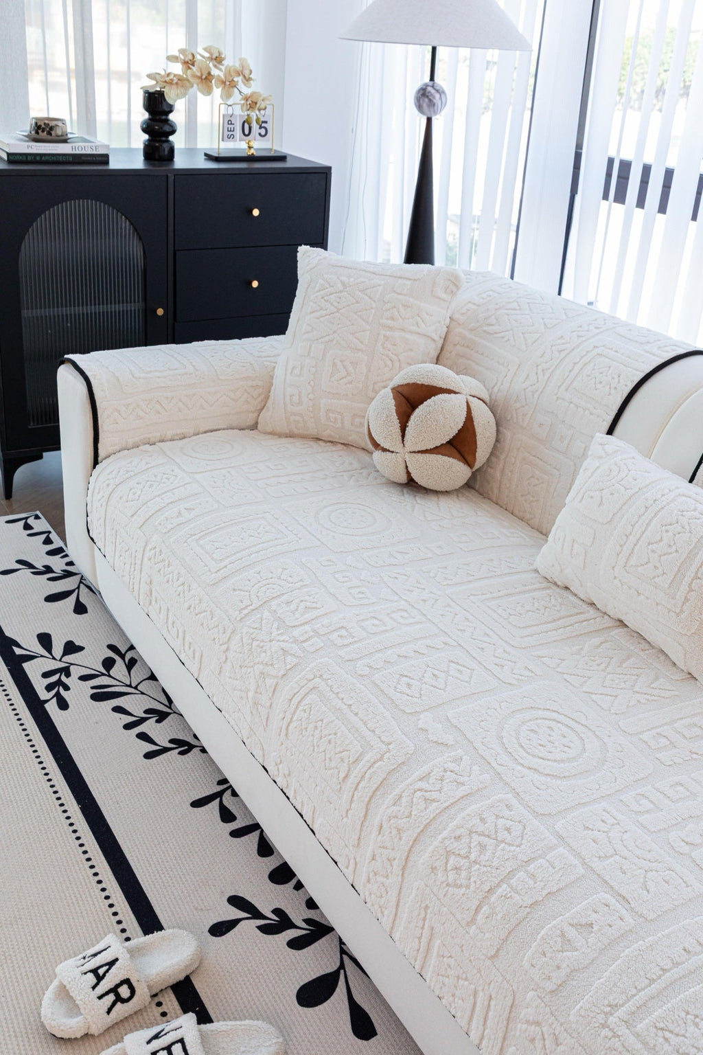 Decor Cedar Elara Geometric Plush Sofa Seat Cover in Ivory Cream - detail image for geometric plush couch cover pieces in United States