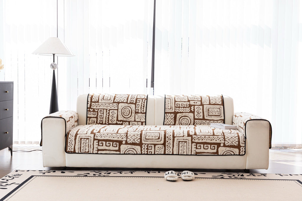 Decor Cedar Elara Geometric Plush Sofa Seat Cover in Mocha Brown - lifestyle image for geometric plush couch cover pieces in United States