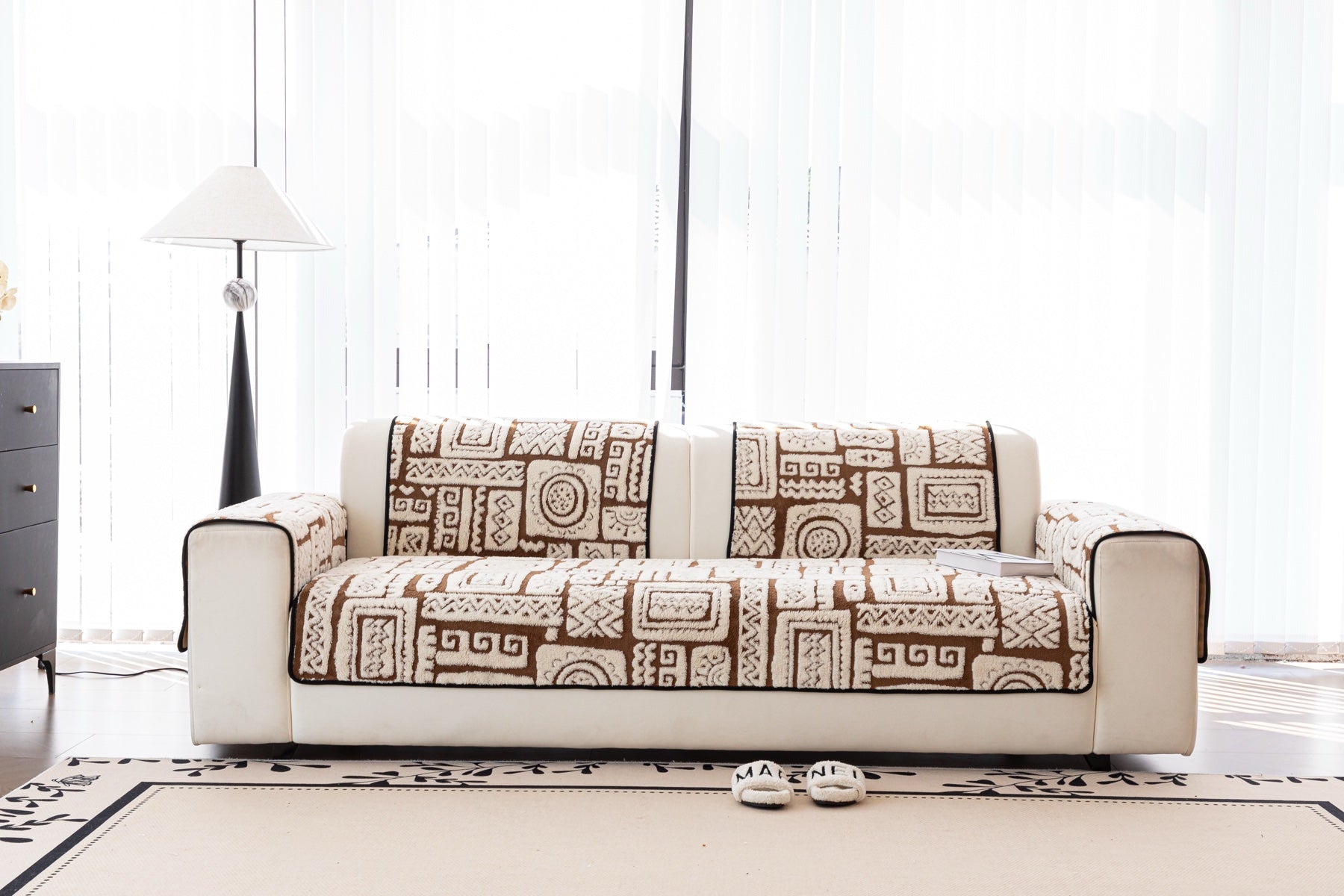 Decor Cedar Elara Geometric Plush Sofa Seat Cover in Mocha Brown - lifestyle image for geometric plush couch cover pieces in United States