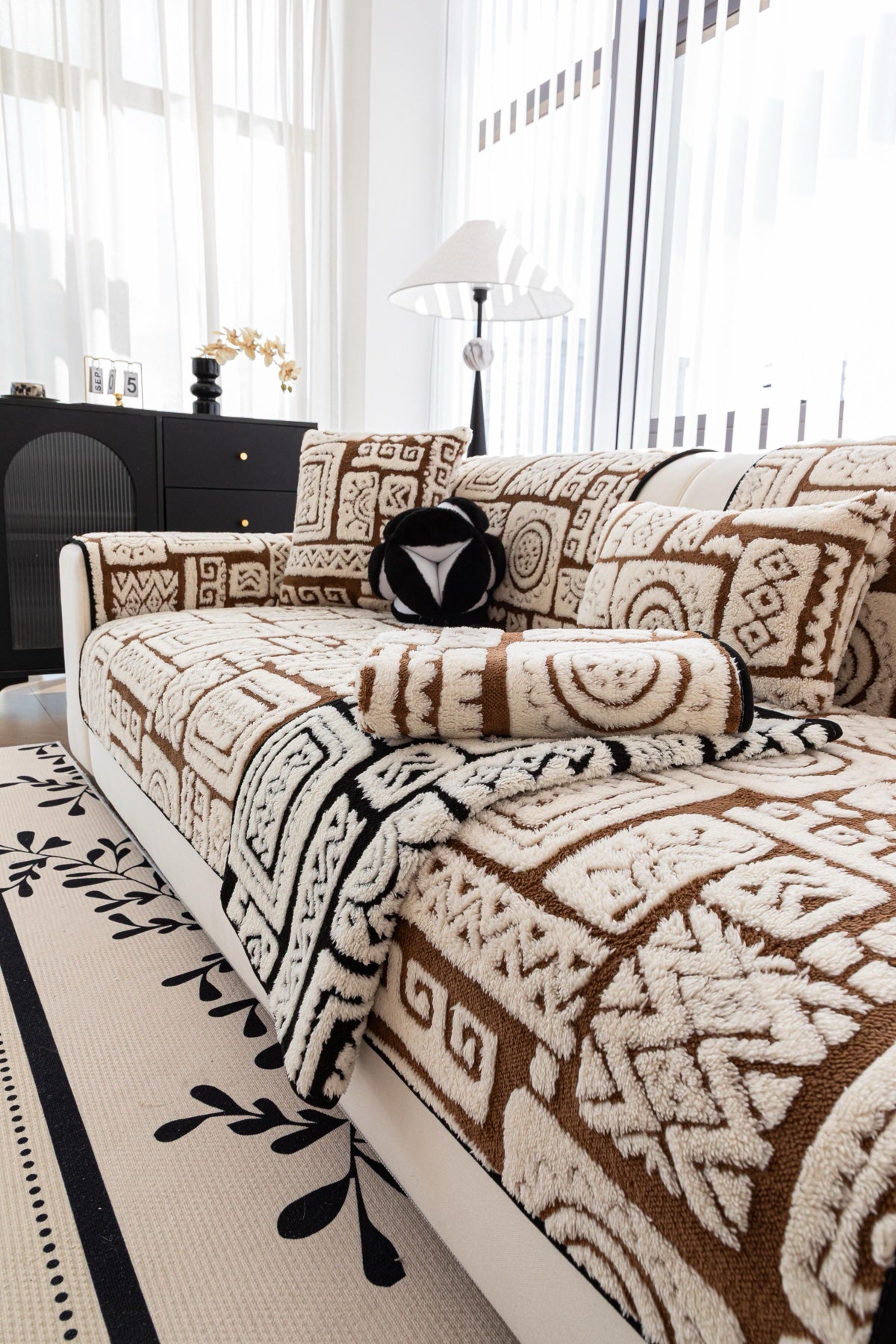 Decor Cedar Elara Geometric Plush Sofa Seat Cover in Mocha Brown - detail image for geometric plush couch cover pieces in United States