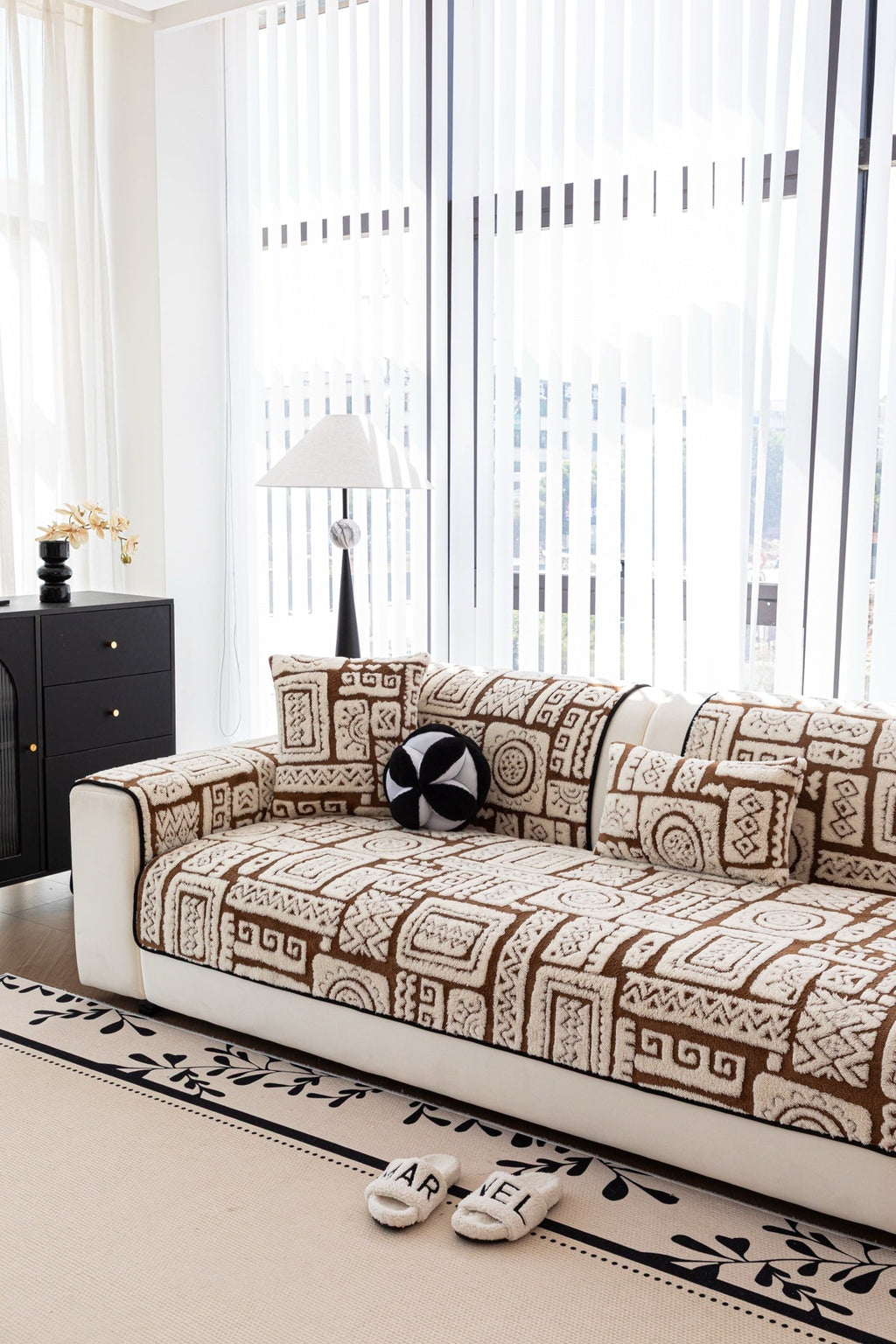 Decor Cedar Elara Geometric Plush Sofa Seat Cover in Mocha Brown - detail image for geometric plush couch cover pieces in United States