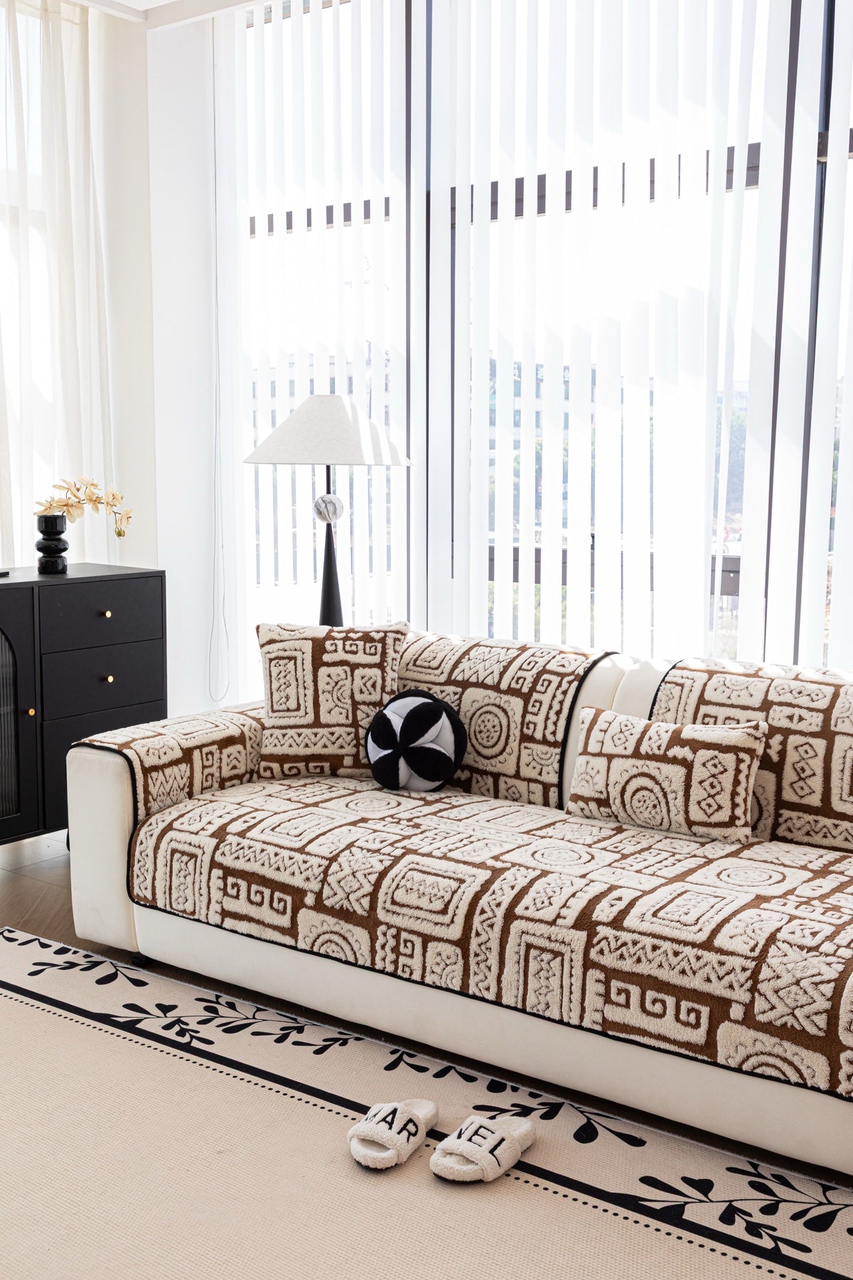 Decor Cedar Elara Geometric Plush Sofa Seat Cover in Mocha Brown - detail image for geometric plush couch cover pieces in United States