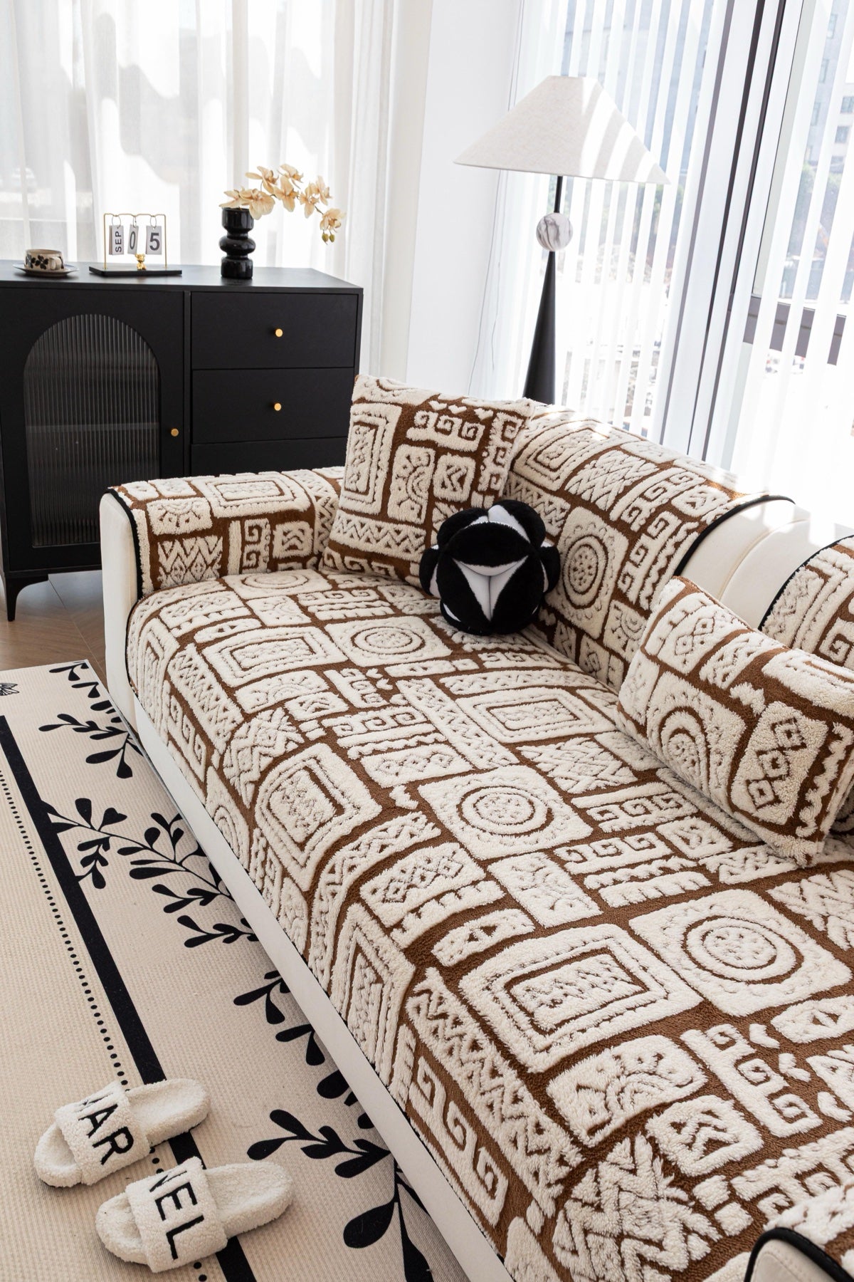 Decor Cedar Elara Geometric Plush Sofa Seat Cover in Mocha Brown - detail image for geometric plush couch cover pieces in United States