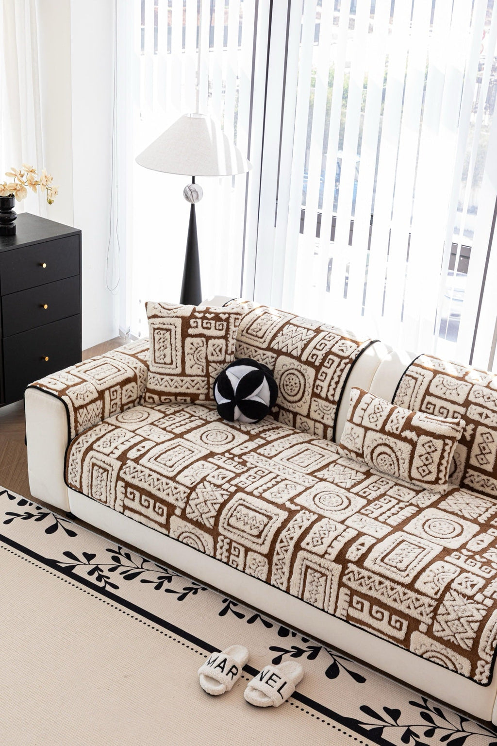Decor Cedar Elara Geometric Plush Sofa Seat Cover in Mocha Brown - detail image for geometric plush couch cover pieces in United States