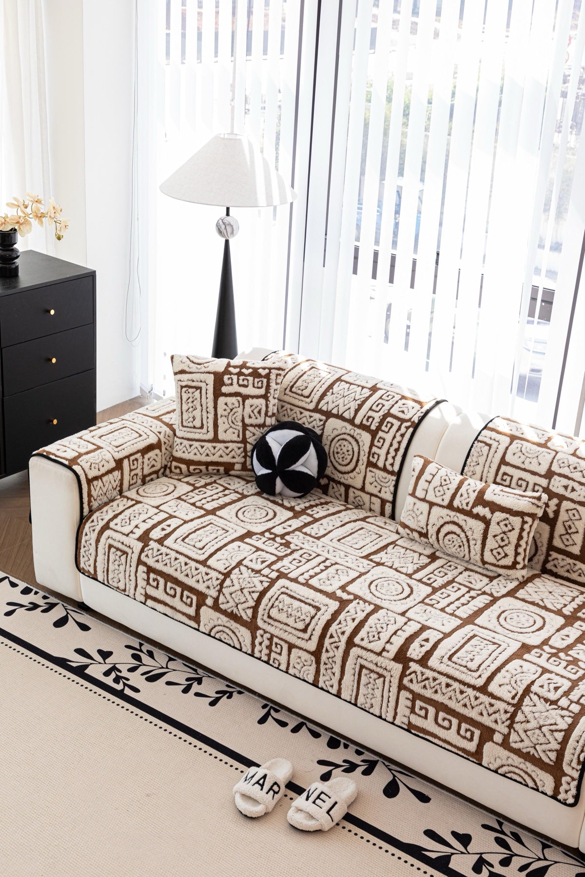 Decor Cedar Elara Geometric Plush Sofa Seat Cover in Mocha Brown - detail image for geometric plush couch cover pieces in United States