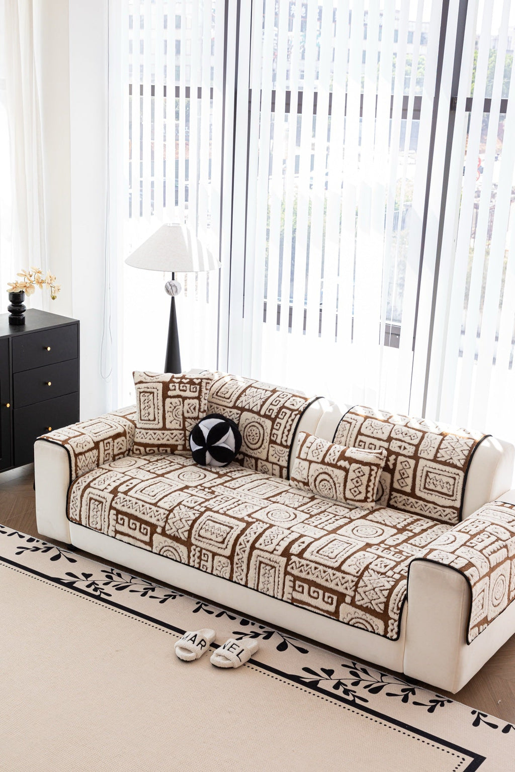 Decor Cedar Elara Geometric Plush Sofa Seat Cover in Mocha Brown - detail image for geometric plush couch cover pieces in United States