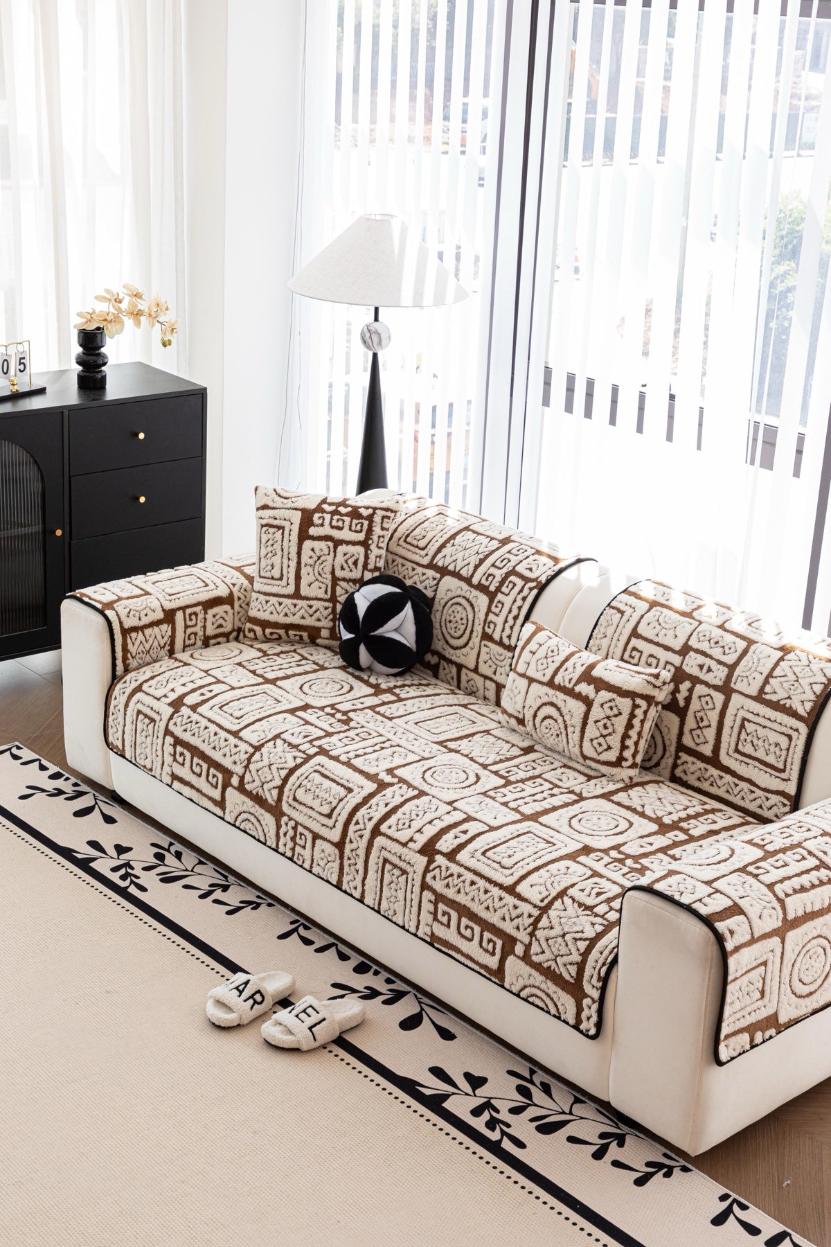 Decor Cedar Elara Geometric Plush Sofa Seat Cover in Mocha Brown - detail image for geometric plush couch cover pieces in United States