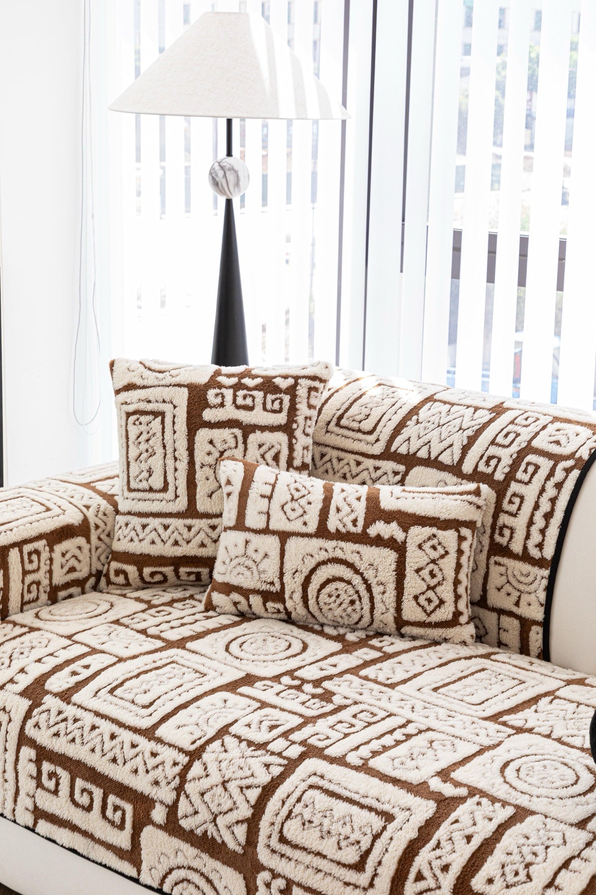 Decor Cedar Elara Geometric Plush Sofa Seat Cover in Mocha Brown - detail image for geometric plush couch cover pieces in United States