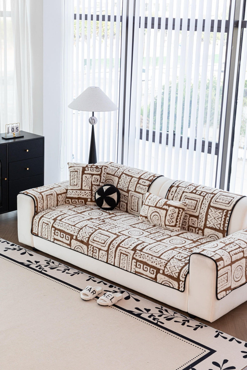 Decor Cedar Elara Geometric Plush Sofa Seat Cover in Mocha Brown - detail image for geometric plush couch cover pieces in United States