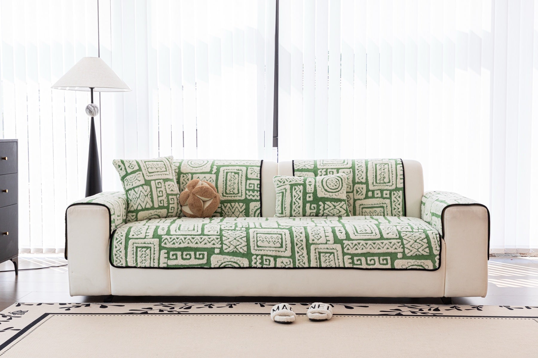 Decor Cedar Elara Geometric Plush Sofa Seat Cover in Sage Green - lifestyle image for geometric plush couch cover pieces in United States