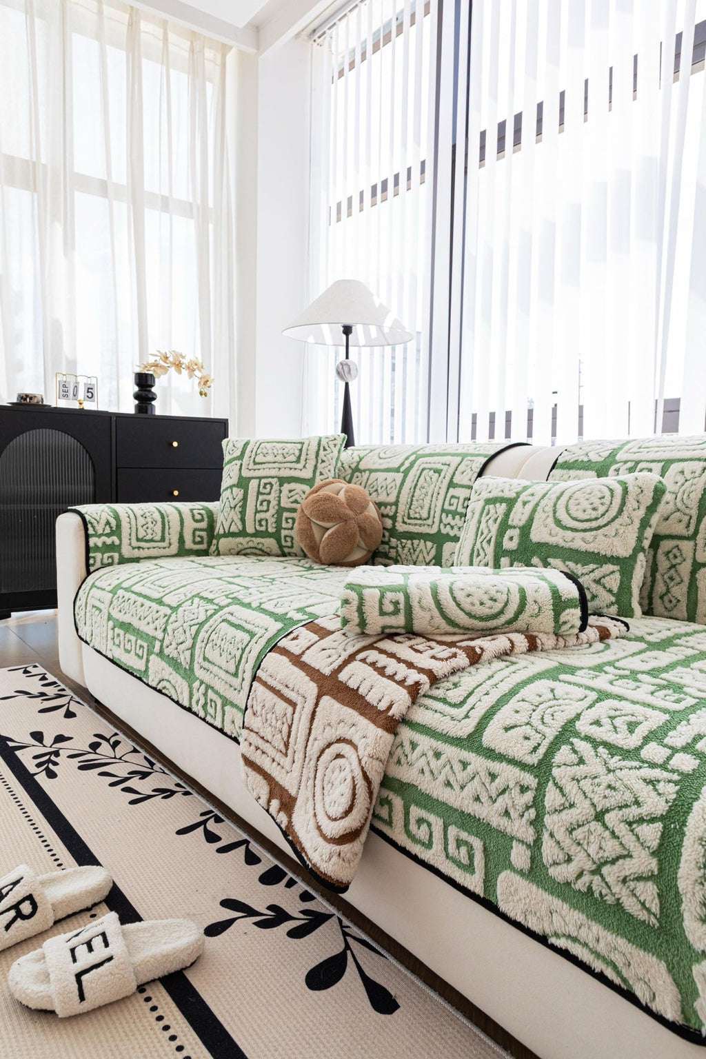 Decor Cedar Elara Geometric Plush Sofa Seat Cover in Sage Green - detail image for geometric plush couch cover pieces in United States