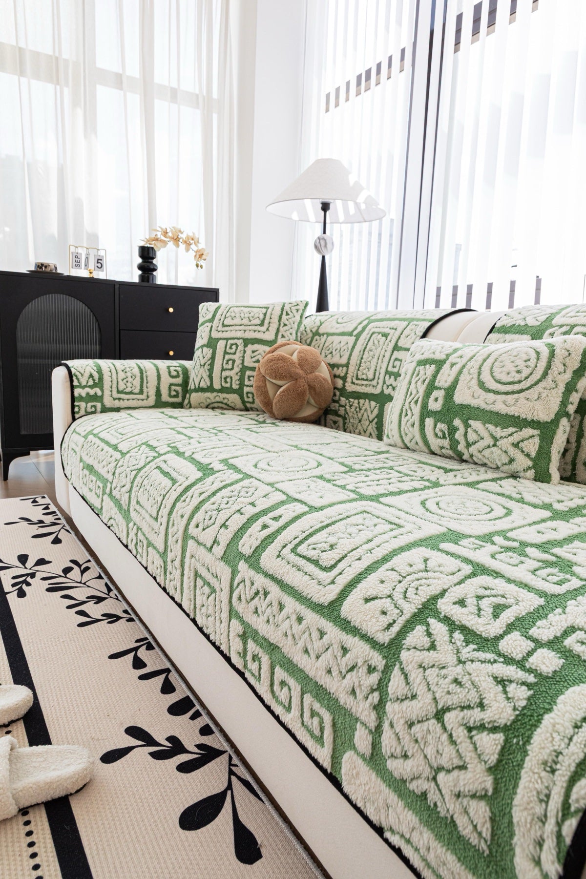 Decor Cedar Elara Geometric Plush Sofa Seat Cover in Sage Green - detail image for geometric plush couch cover pieces in United States
