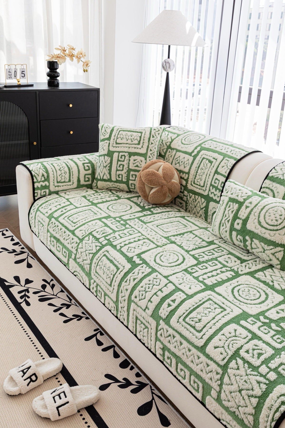 Decor Cedar Elara Geometric Plush Sofa Seat Cover in Sage Green - detail image for geometric plush couch cover pieces in United States