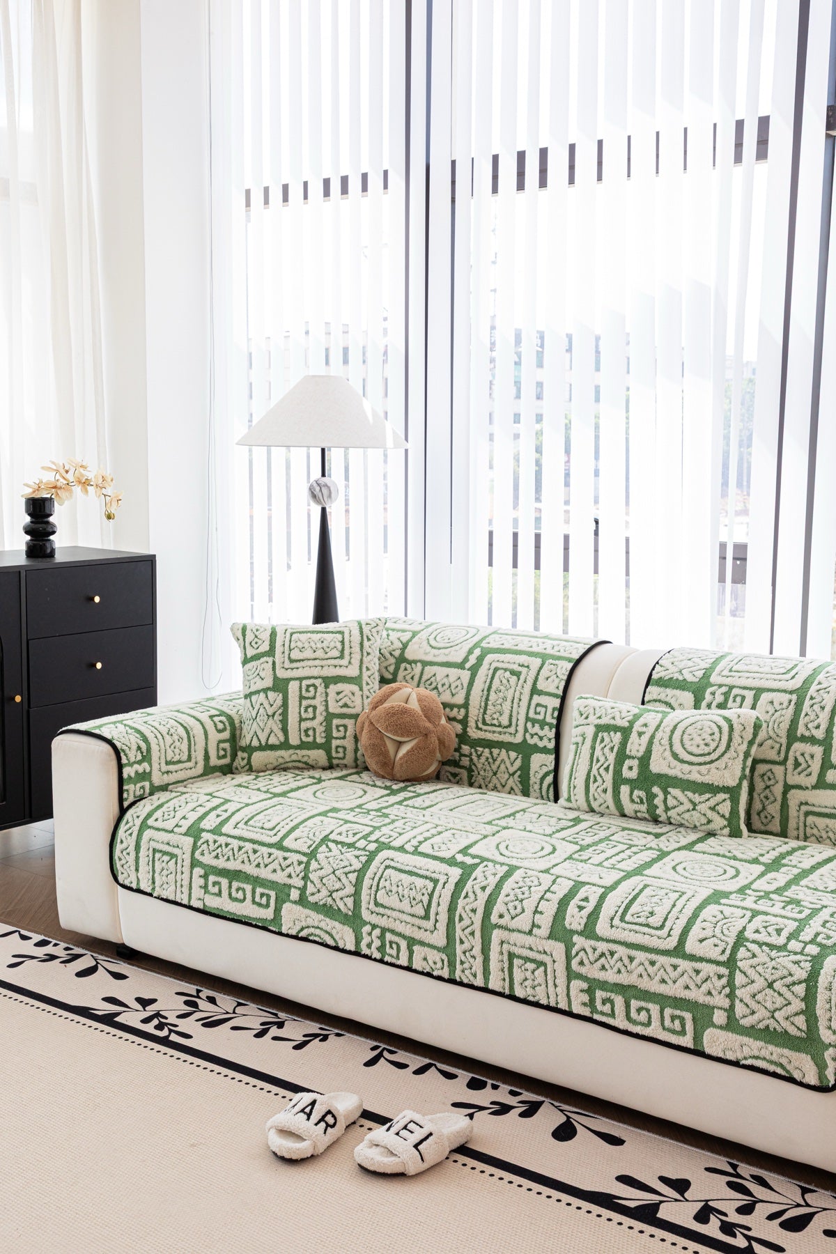 Decor Cedar Elara Geometric Plush Sofa Seat Cover in Sage Green - detail image for geometric plush couch cover pieces in United States