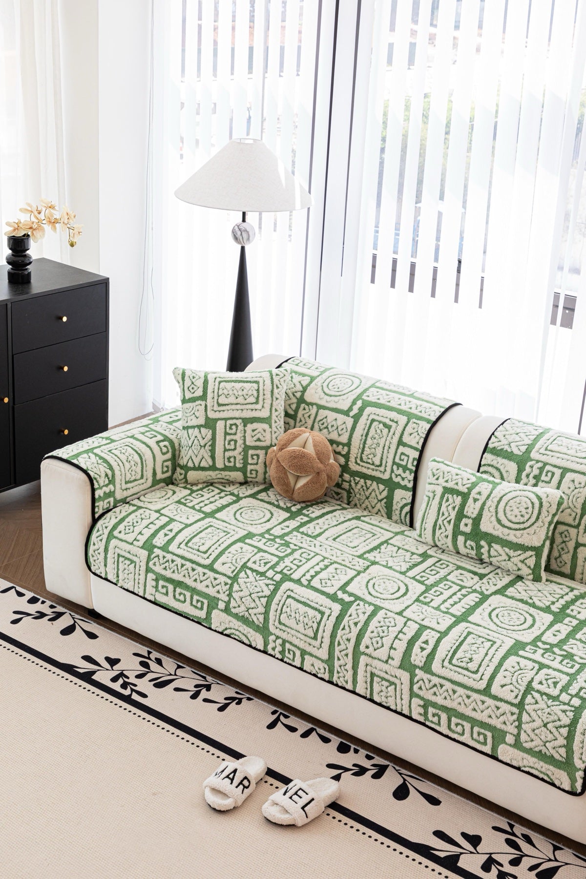 Decor Cedar Elara Geometric Plush Sofa Seat Cover in Sage Green - detail image for geometric plush couch cover pieces in United States
