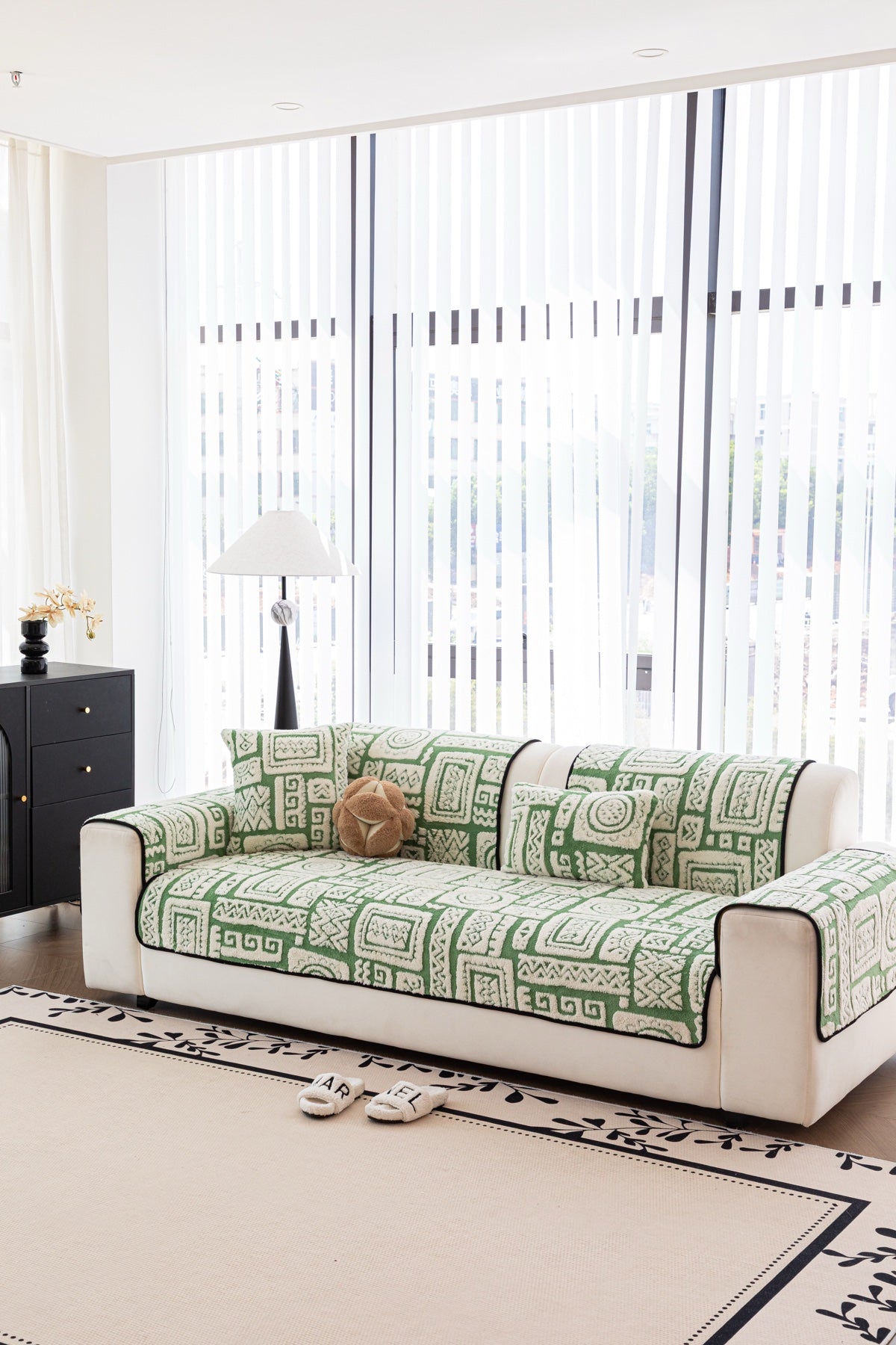 Decor Cedar Elara Geometric Plush Sofa Seat Cover in Sage Green - detail image for geometric plush couch cover pieces in United States