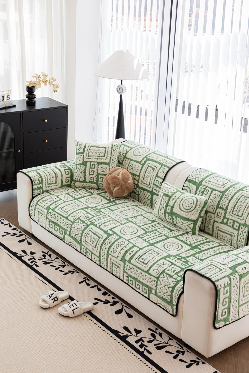 Decor Cedar Elara Geometric Plush Sofa Seat Cover in Sage Green - detail image for geometric plush couch cover pieces in United States