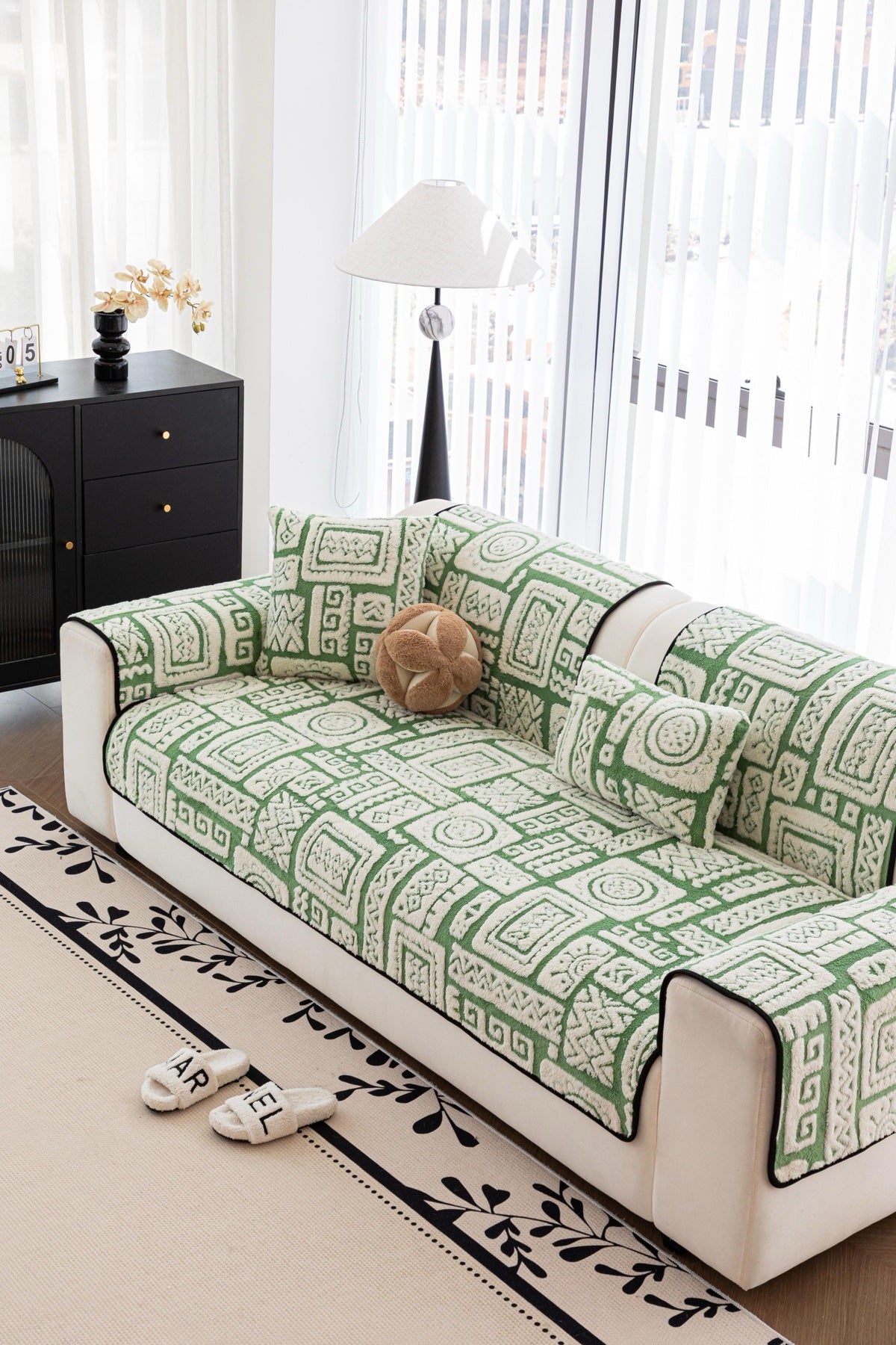 Decor Cedar Elara Geometric Plush Sofa Seat Cover in Sage Green - detail image for geometric plush couch cover pieces in United States