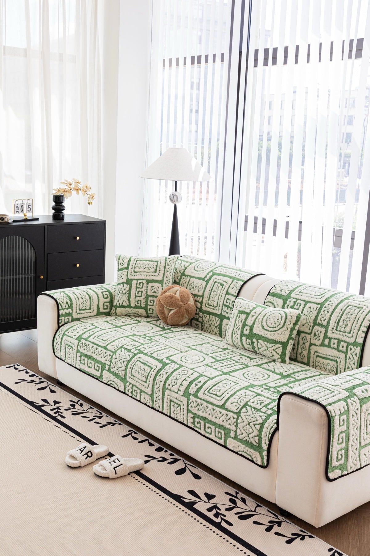 Decor Cedar Elara Geometric Plush Sofa Seat Cover in Sage Green - detail image for geometric plush couch cover pieces in United States