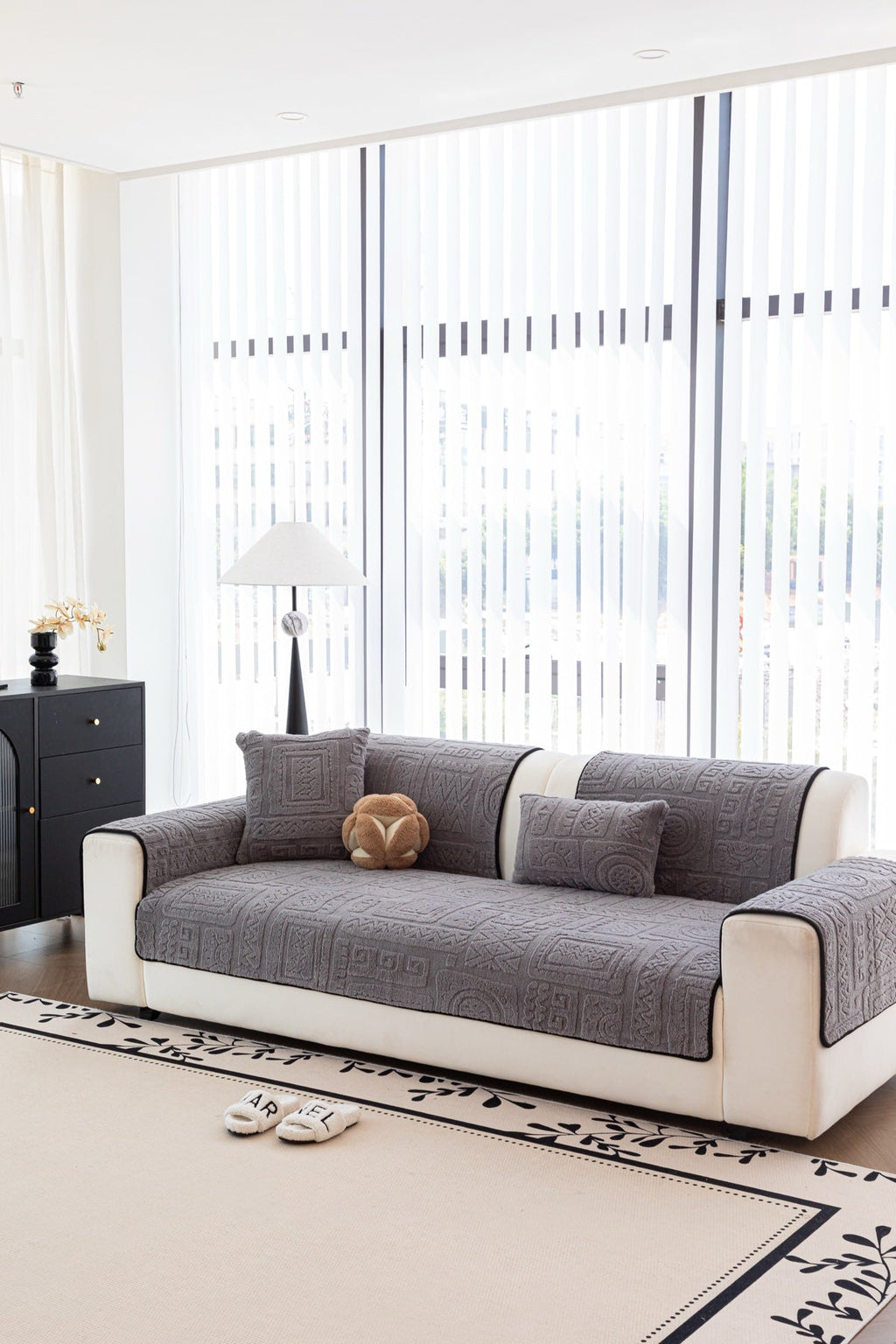 Decor Cedar Elara Geometric Plush Sofa Seat Cover in Slate Gray - lifestyle image for geometric plush couch cover pieces in United States