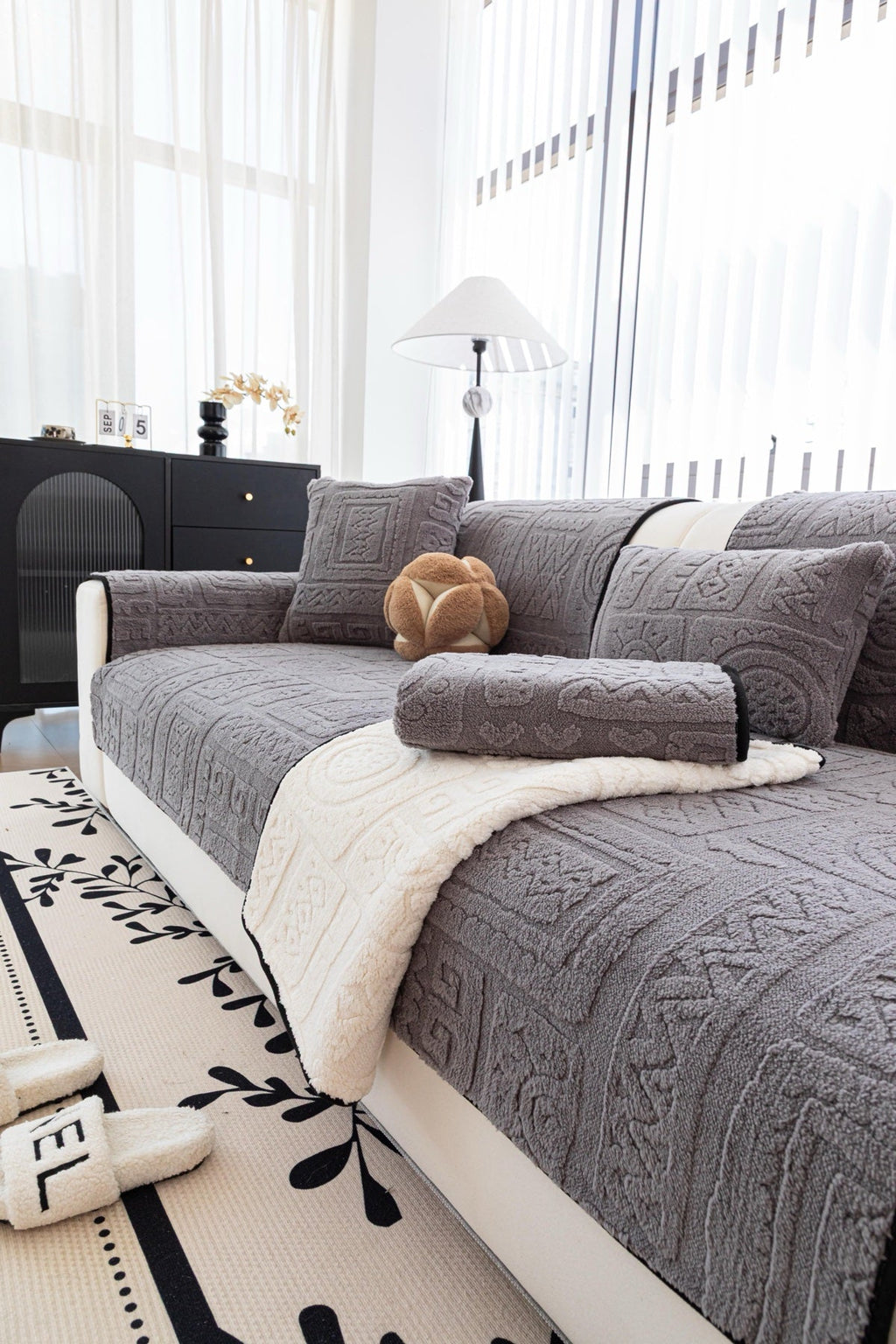 Decor Cedar Elara Geometric Plush Sofa Seat Cover in Slate Gray - detail image for geometric plush couch cover pieces in United States