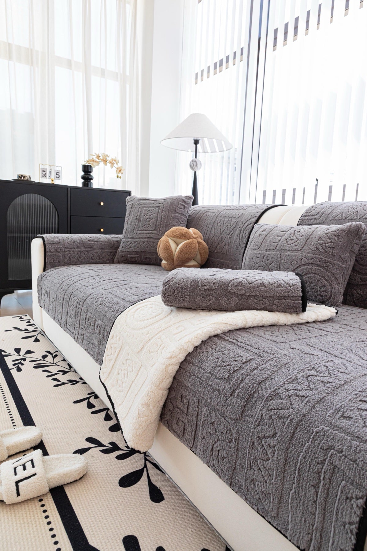 Decor Cedar Elara Geometric Plush Sofa Seat Cover in Slate Gray - detail image for geometric plush couch cover pieces in United States