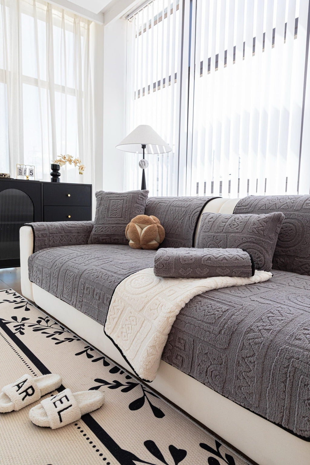Decor Cedar Elara Geometric Plush Sofa Seat Cover in Slate Gray - detail image for geometric plush couch cover pieces in United States