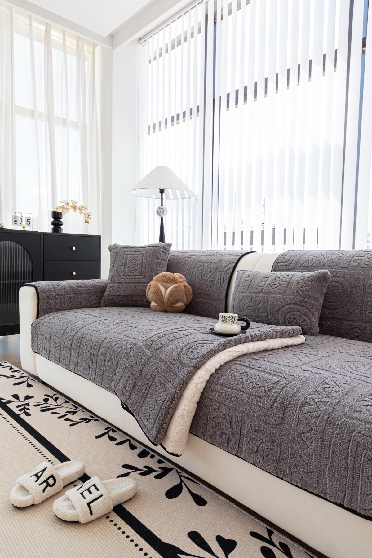 Decor Cedar Elara Geometric Plush Sofa Seat Cover in Slate Gray - detail image for geometric plush couch cover pieces in United States