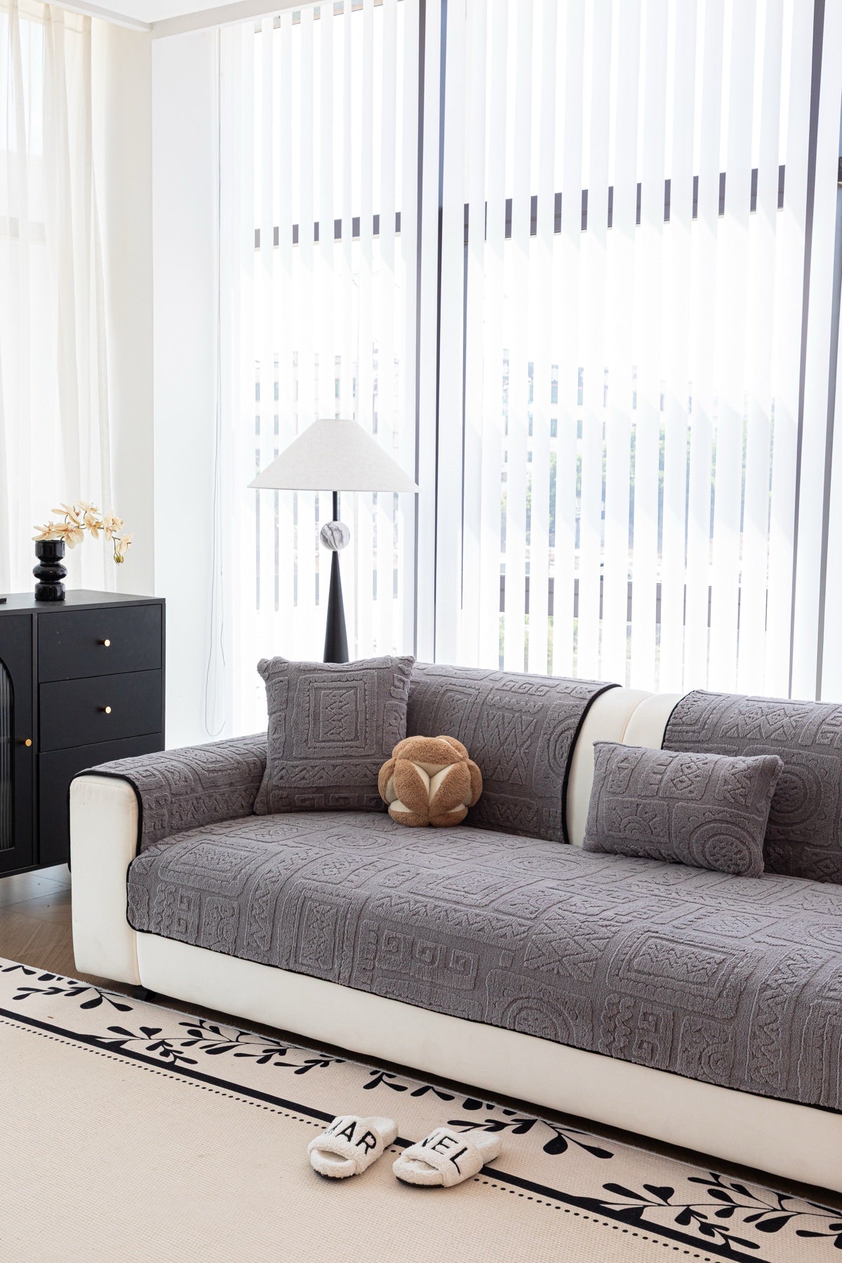 Decor Cedar Elara Geometric Plush Sofa Seat Cover in Slate Gray - detail image for geometric plush couch cover pieces in United States