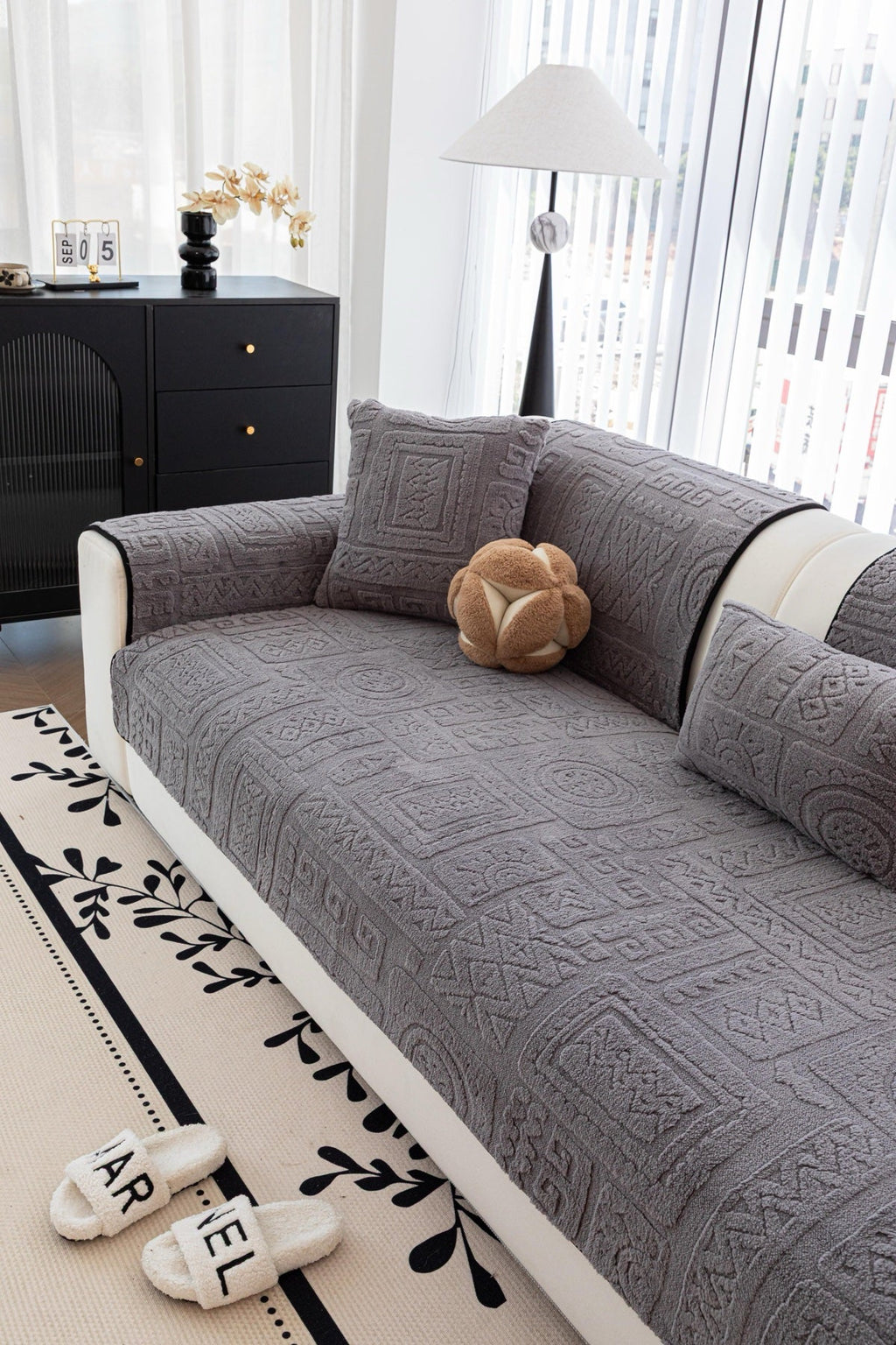 Decor Cedar Elara Geometric Plush Sofa Seat Cover in Slate Gray - detail image for geometric plush couch cover pieces in United States