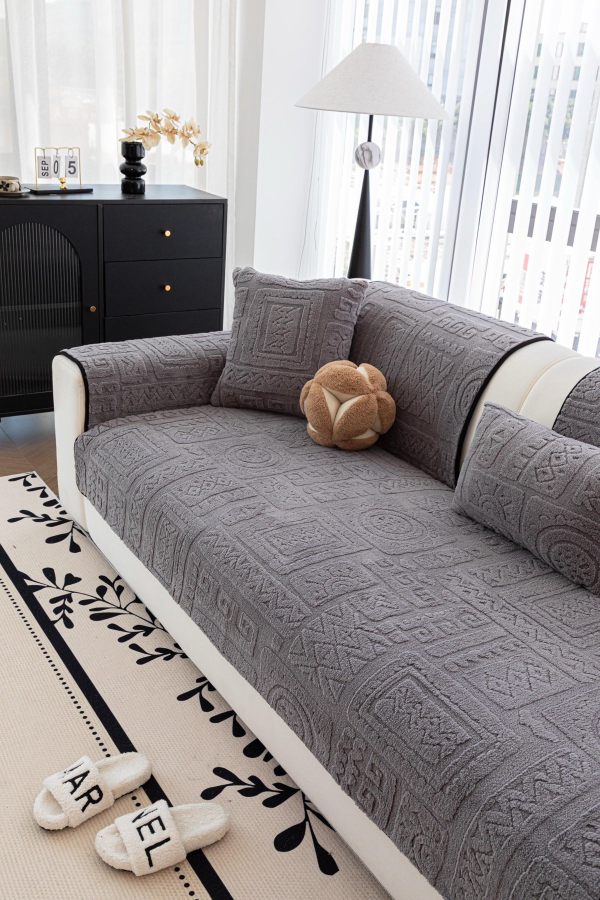 Decor Cedar Elara Geometric Plush Sofa Seat Cover in Slate Gray - detail image for geometric plush couch cover pieces in United States