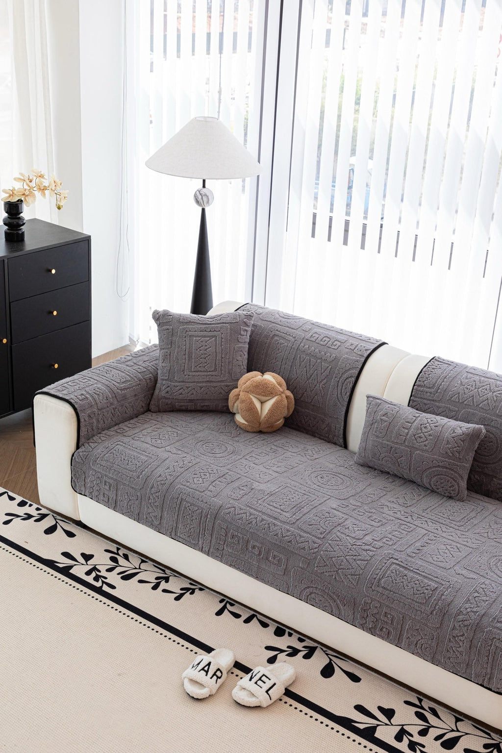 Decor Cedar Elara Geometric Plush Sofa Seat Cover in Slate Gray - detail image for geometric plush couch cover pieces in United States