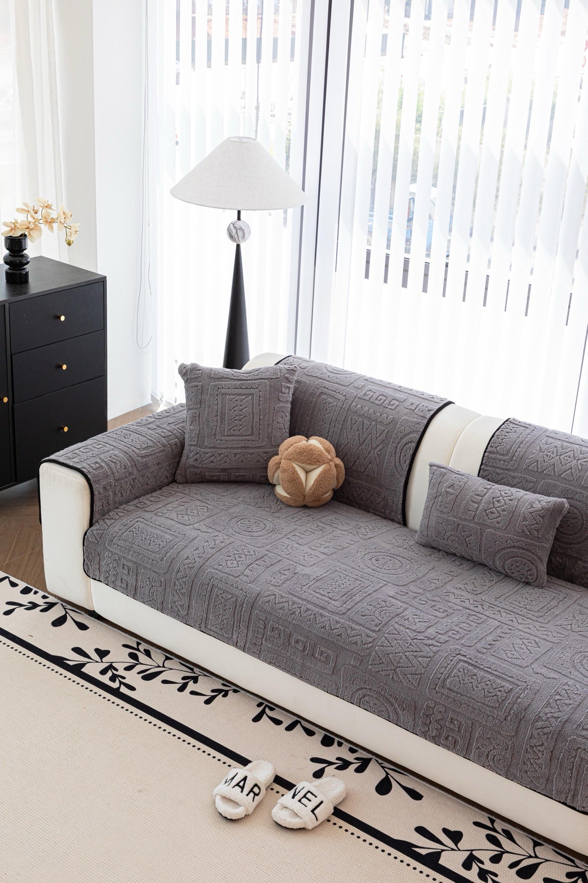 Decor Cedar Elara Geometric Plush Sofa Seat Cover in Slate Gray - detail image for geometric plush couch cover pieces in United States