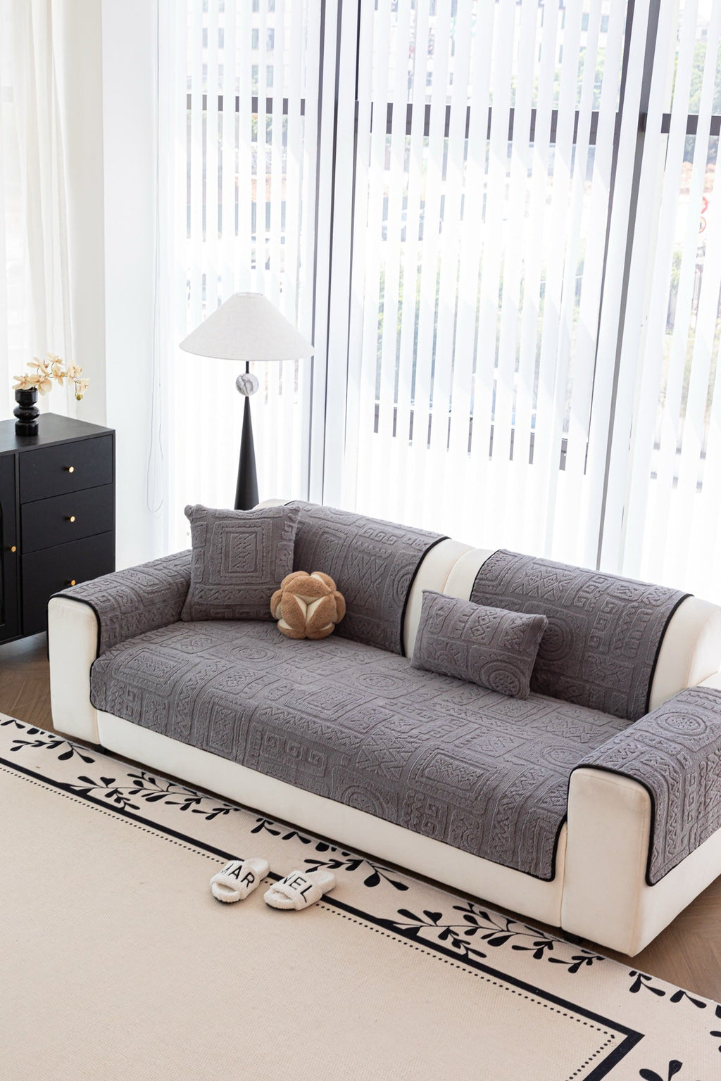Decor Cedar Elara Geometric Plush Sofa Seat Cover in Slate Gray - detail image for geometric plush couch cover pieces in United States