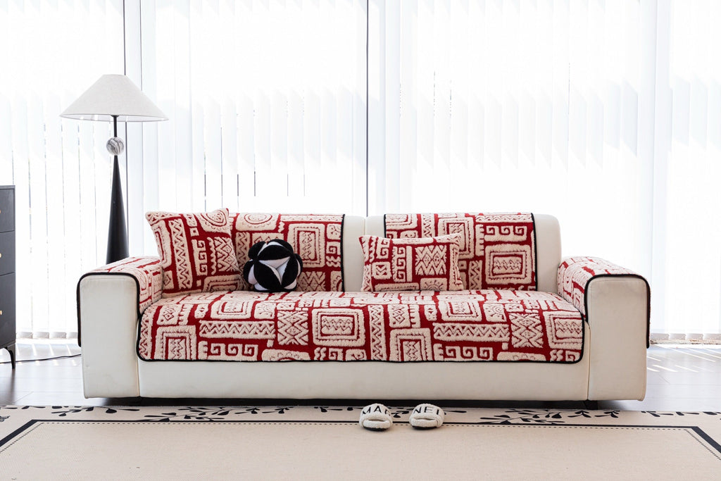Decor Cedar Elara Geometric Plush Sofa Seat Cover in Terracotta Red - lifestyle image for geometric plush couch cover pieces in United States