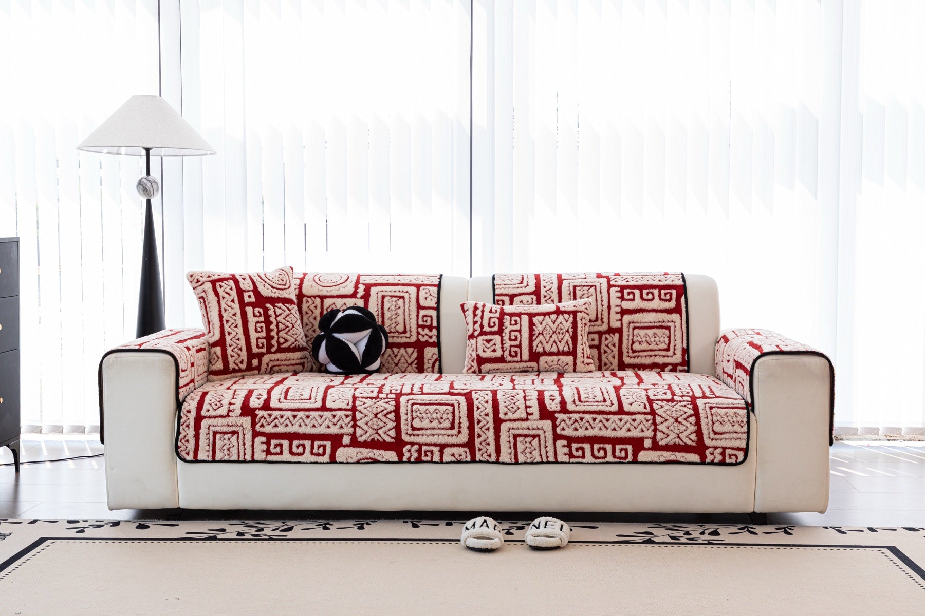 Decor Cedar Elara Geometric Plush Sofa Seat Cover in Terracotta Red - lifestyle image for geometric plush couch cover pieces in United States
