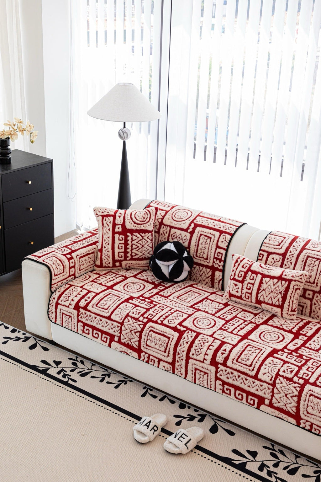 Decor Cedar Elara Geometric Plush Sofa Seat Cover in Terracotta Red - detail image for geometric plush couch cover pieces in United States
